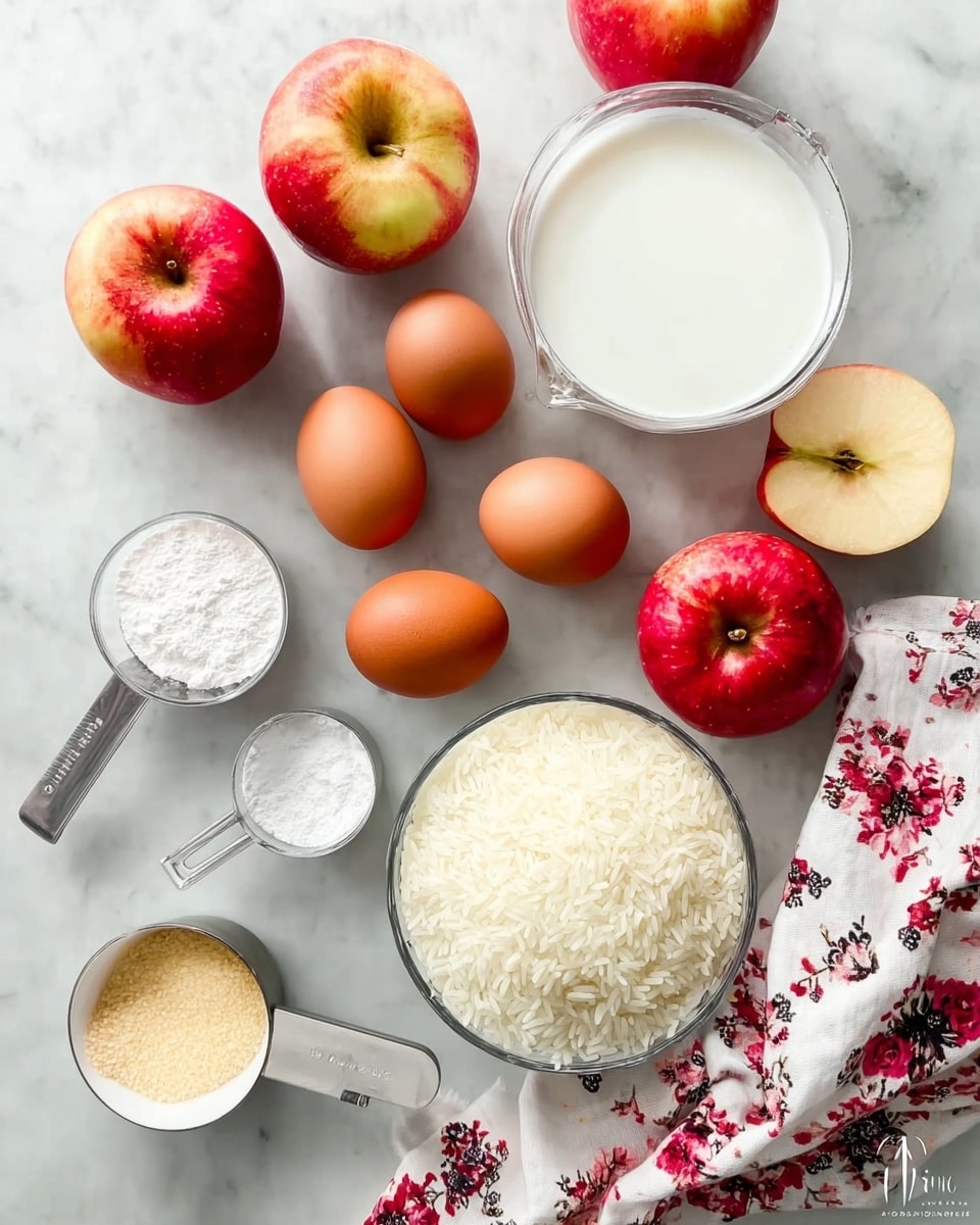 The image shows a white marbled surface with the ingredients for a recipe neatly arranged. There are four whole brown eggs in the center, surrounded by red and yellow apples, some whole and some cut in half to show the inside. To the right, there is a white bowl with a clear edge filled with a white liquid, likely milk. Below the apples and eggs, there are two measuring cups, one with white powder (flour or baking powder) and the other with a light yellow grainy substance (sugar). Below them is a white bowl filled with uncooked white rice. A white cloth with a red and black floral pattern is placed at the bottom right corner. The scene is well lit and clean. photo taken with an iphone --ar 4:5 --v 7