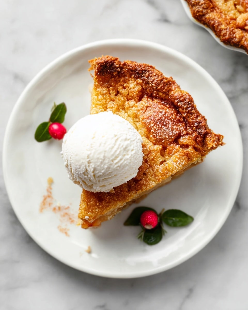 A single slice of golden brown pie with a slightly textured, crumbly crust sits on a white plate. The pie slice has a warm, toasted topping with visible cracks and a slightly rough surface. On top of the pie slice, there is a large scoop of white ice cream with a smooth yet slightly rough texture, centered neatly. Beside the slice on the plate, there is a small red berry with green leaves. The plate is placed on a white marbled surface. Photo taken with an iphone --ar 4:5 --v 7