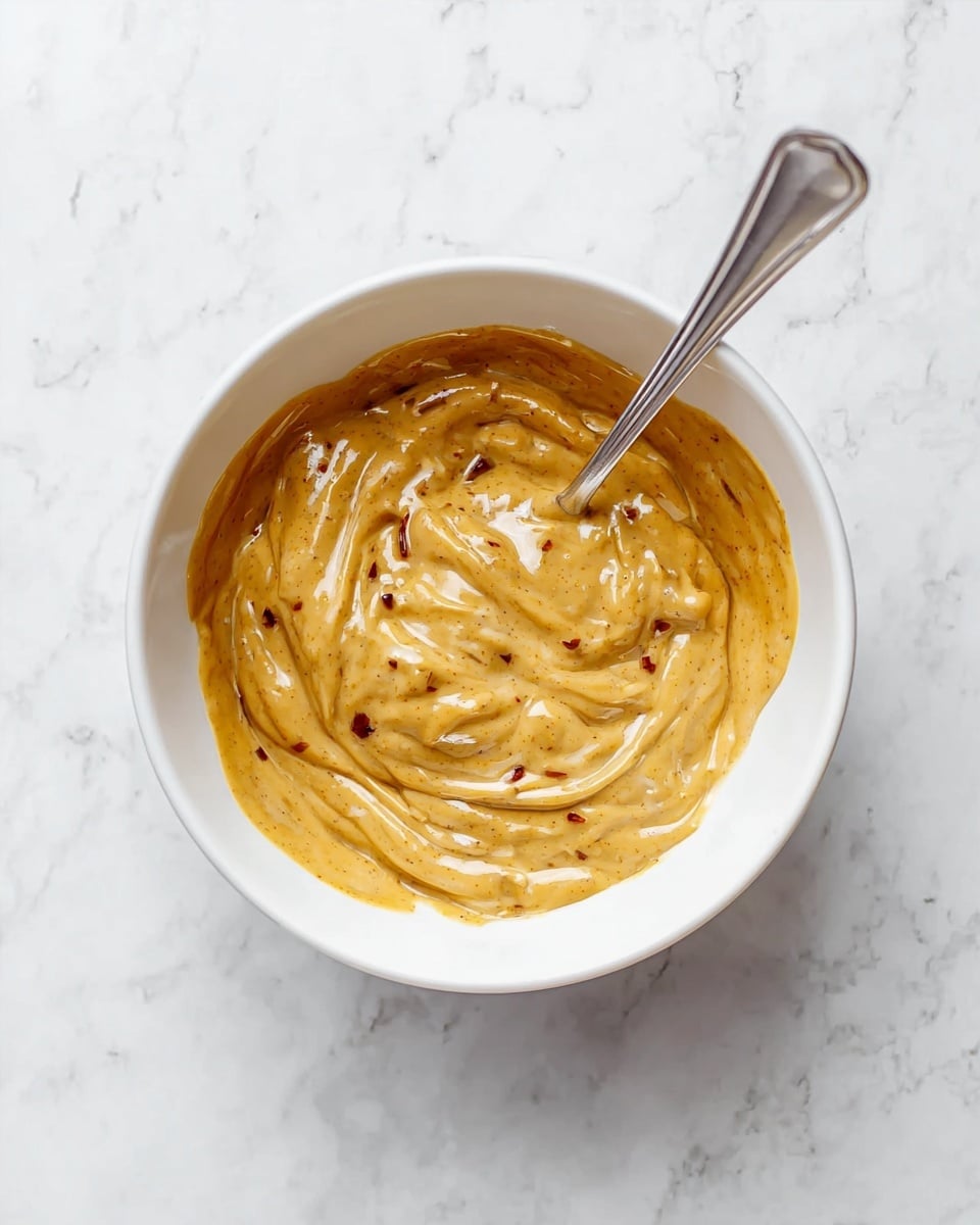 A white bowl sits on a white marbled surface, filled with a creamy, thick mixture that is mustard yellow in color with visible small reddish-brown chunks throughout. A silver spoon rests inside the bowl, partially dipped into the swirled mixture, creating soft ridges and waves on the surface. The mixture has a smooth, glossy texture, and the spoon handle extends slightly out over the rim of the bowl. photo taken with an iphone --ar 4:5 --v 7
