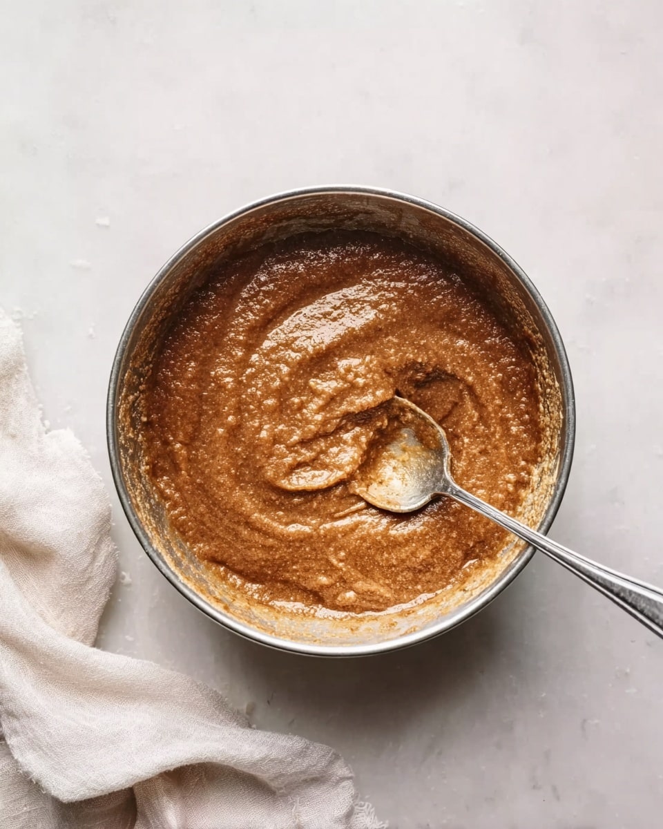 A round metal bowl sits on a white marbled surface, filled with a thick, brown mixture that looks textured and spread unevenly inside the bowl. A silver spoon is inside the bowl, partially covered by the mixture, with the handle leaning towards the bottom left corner. In the bottom left, there is a soft white cloth partially visible. Photo taken with an iphone --ar 4:5 --v 7