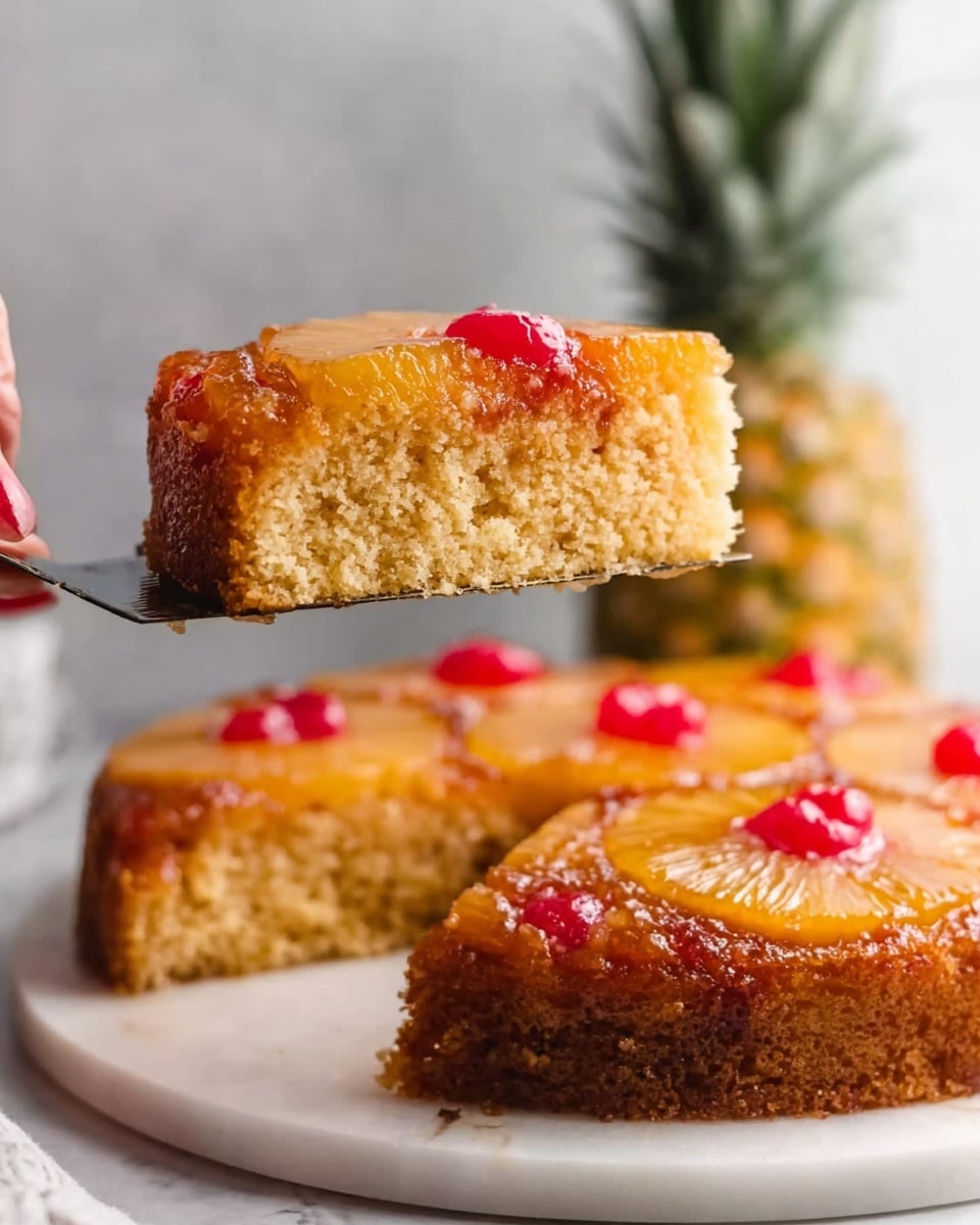 A close-up of a slice of pineapple upside-down cake being lifted from a whole cake on a white marbled surface. The cake slice shows two layers: the top layer is golden and shiny with caramelized pineapple rings and bright red cherries embedded in the pineapple, while the bottom layer is a light, fluffy, golden sponge with a slightly airy texture. The whole cake on the surface shows the top decorated with multiple pineapple rings and cherries arranged evenly. A woman's hand holds the slice on a spatula. The background is light and blurred with a tall pineapple visible. photo taken with an iphone --ar 4:5 --v 7