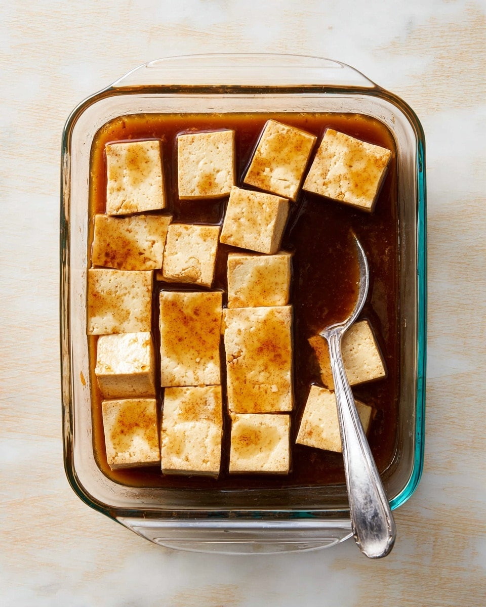 The image shows a clear glass square baking dish filled with a brown sauce. Inside, there are about fourteen evenly cut rectangular pieces of light golden tofu soaking in the sauce, arranged in slightly uneven rows. A shiny silver spoon rests inside the dish on the right side, partially submerged in the sauce. The dish is placed on a white marbled surface with soft natural lighting. photo taken with an iphone --ar 4:5 --v 7