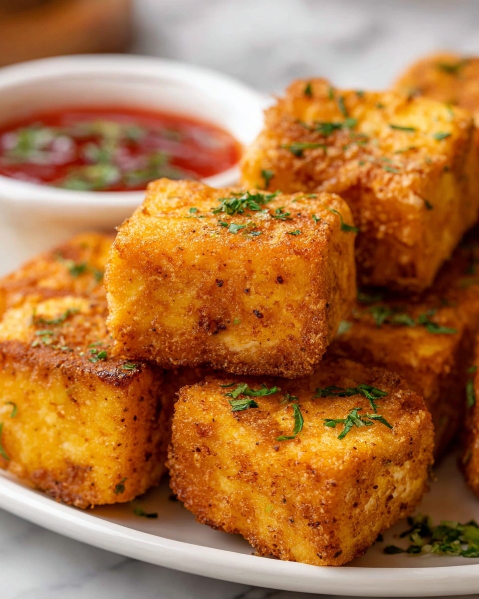 The image shows a close-up of several golden-brown fried tofu cubes stacked together. Each tofu cube has a crispy, textured outer layer with a light orange tint and darker seasoning specks. Green herbs are sprinkled on top of the tofu cubes, adding a fresh contrast to the warm colors. In the background, there is a small white bowl with red dipping sauce, decorated with green herbs. The dish is placed on a white plate on a white marbled surface. Photo taken with an iphone --ar 4:5 --v 7