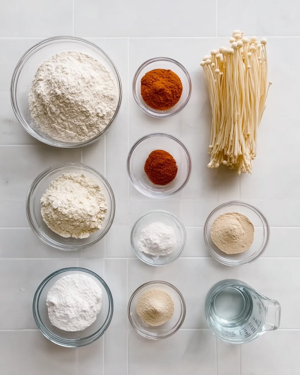 The image shows an overhead view of various cooking ingredients neatly arranged on a white marbled surface with white grid lines faintly visible. There are ten glass bowls of different sizes placed in two rows. In the top row, from left to right, there is a large bowl filled with white flour, three small bowls containing reddish-brown spices, and a medium bowl holding a bundle of long, thin enoki mushrooms with a pale cream color. The bottom row starts with a medium bowl containing white cornstarch, followed by three small bowls filled with white and beige powdery ingredients, and ends with a small measuring cup with clear water on the far right. The scene is bright and clean, showing simple, unmasked ingredients ready for cooking, photo taken with an iphone --ar 4:5 --v 7