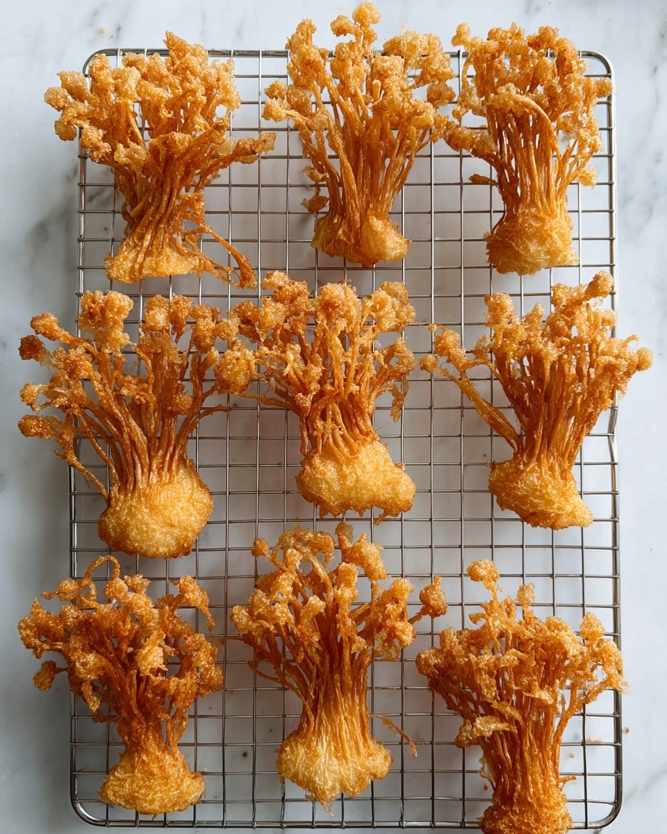 The image shows ten pieces of golden brown fried mushrooms with thin, crispy textured strands spreading out like a small bouquet from a thicker base. They are arranged neatly in two rows on a silver wire cooling rack, which sits on a white marbled surface. The mushrooms have a crunchy, bubble-like coating and vary slightly in size and shape, with their long thin stems giving a feathery look. Photo taken with an iphone --ar 4:5 --v 7