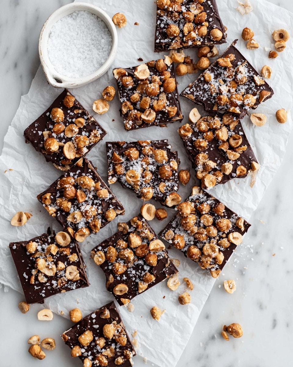 The image shows about 15 square pieces of dark brown chocolate bark, each topped with a generous layer of light brown roasted hazelnuts and sprinkled with white sea salt flakes. The pieces are scattered in a slightly messy way on white parchment paper that lies on a white marbled surface. On the upper left side, there is a small round white measuring cup filled with coarse white salt. The textures of the bark look rough with the crunchy nuts visibly uneven on top. Some hazelnuts and salt flakes are scattered around the pieces for added detail. photo taken with an iphone --ar 4:5 --v 7