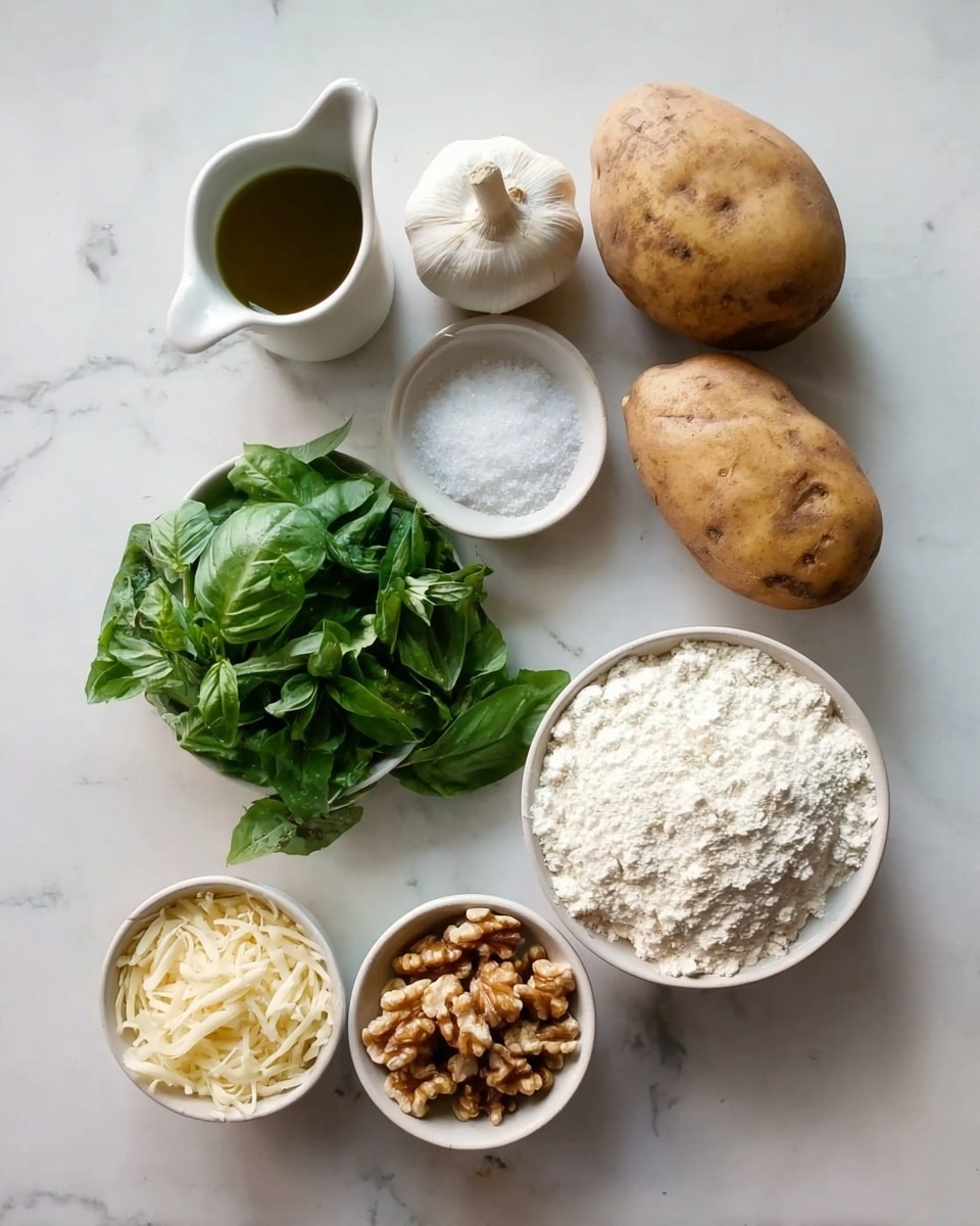The image shows seven cooking ingredients arranged neatly on a white marbled surface. Starting from the top left is a small white jug with olive oil inside next to a small white bowl with salt. To the right is a white garlic bulb and two whole brown potatoes. Below these are a bunch of fresh green basil leaves in the center. On the bottom left, there is a small white bowl filled with shredded cheese and next to it a small white bowl filled with walnut pieces. Finally, on the bottom right, there is a larger white bowl filled with white flour. The colors range from green to brown and white, creating a natural and fresh look. photo taken with an iphone --ar 4:5 --v 7