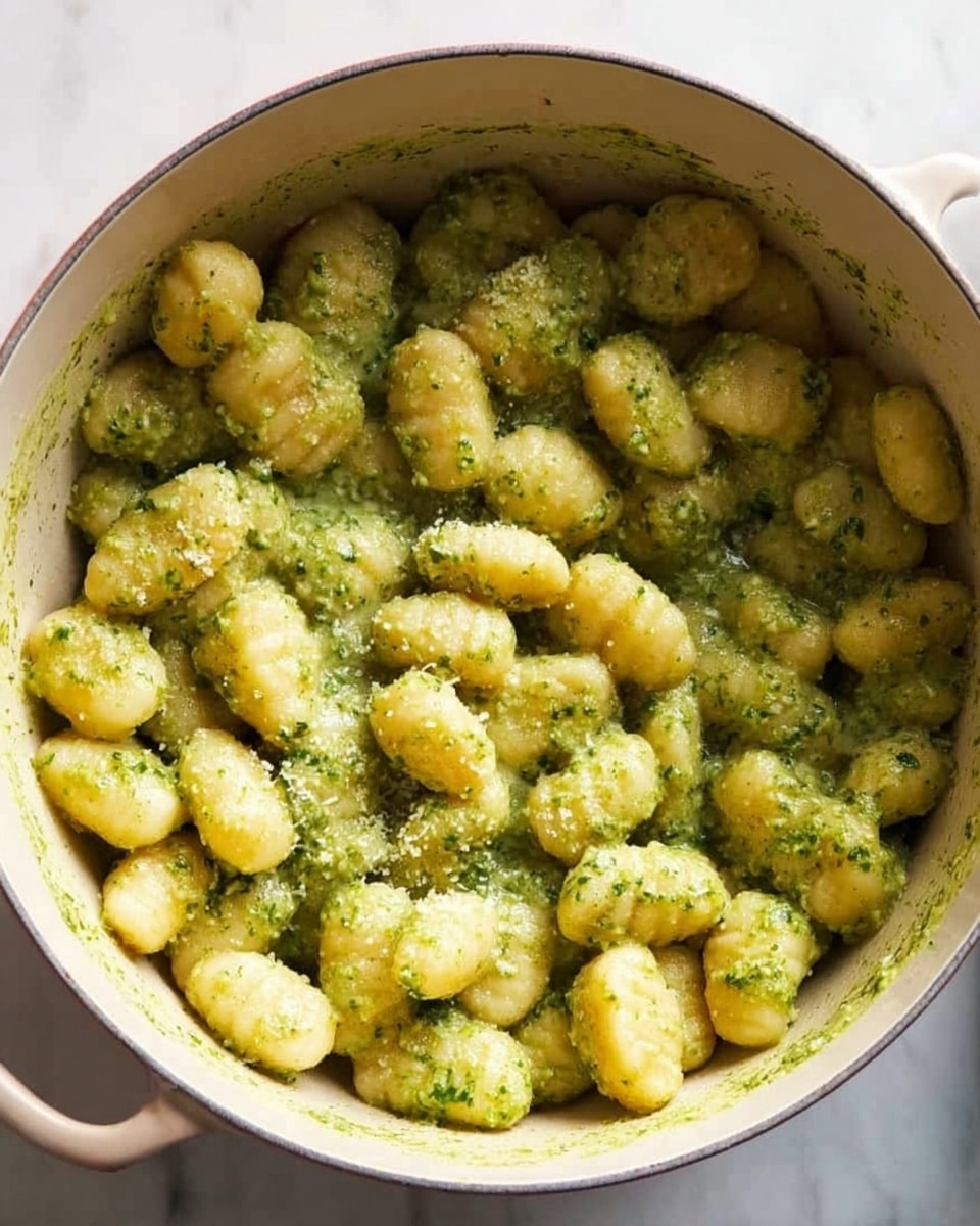 A white pot filled with many pieces of gnocchi covered in a green sauce. The gnocchi are light yellow with soft edges and are evenly mixed with the smooth, slightly chunky green sauce. The pot's handle is visible, and it sits on a white marbled surface. The image shows a close-up view highlighting the texture and color contrast between the gnocchi and sauce. photo taken with an iphone --ar 4:5 --v 7