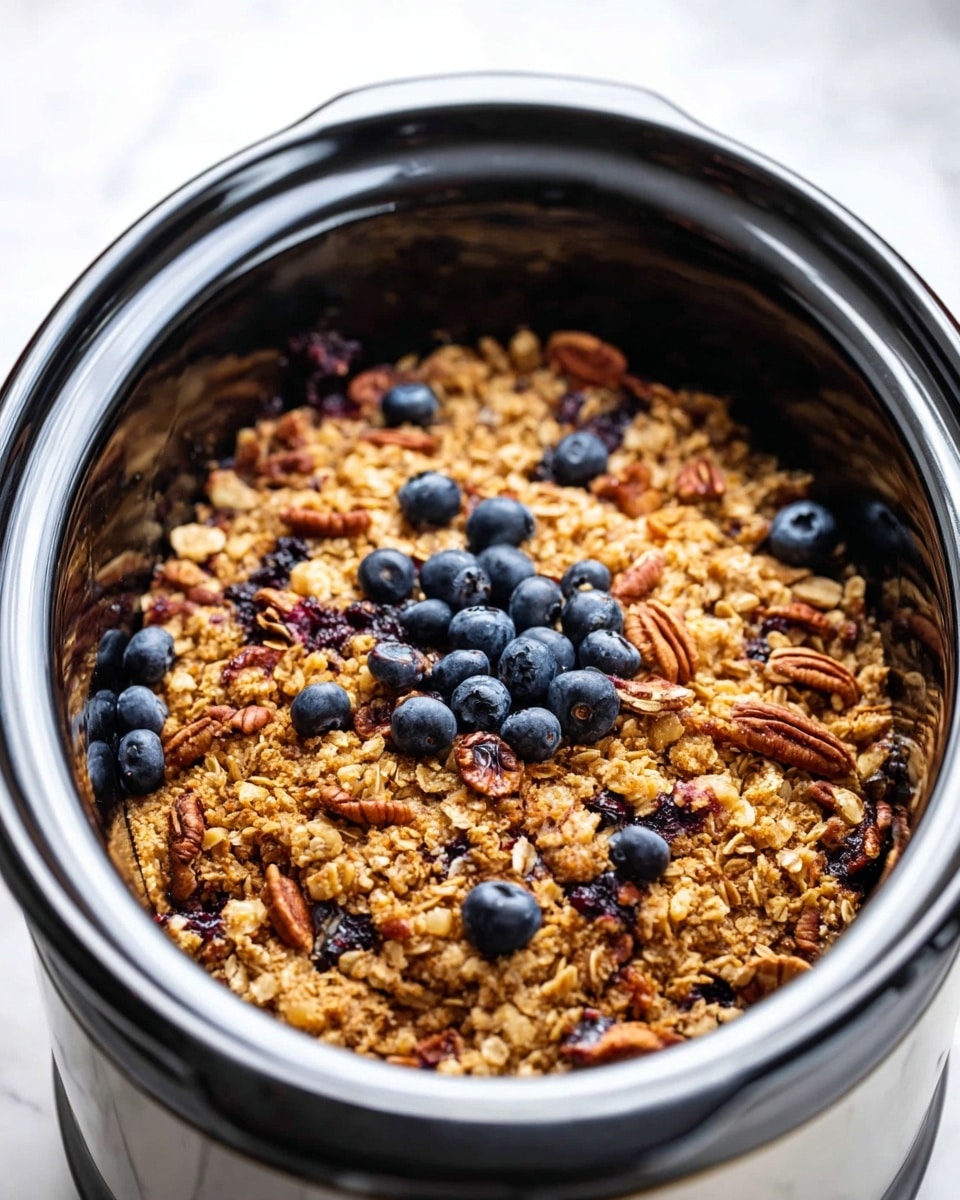 A close-up of a slow cooker filled with a baked dish topped with a golden brown crunchy oat layer mixed with pecans. Scattered fresh blueberries add dark blue pops of color on top of the textured oat surface. The slow cooker is silver with a black rim, sitting on a white marbled surface. The image shows only one layer with rough oat granola texture and scattered berries, taken from above. photo taken with an iphone --ar 4:5 --v 7