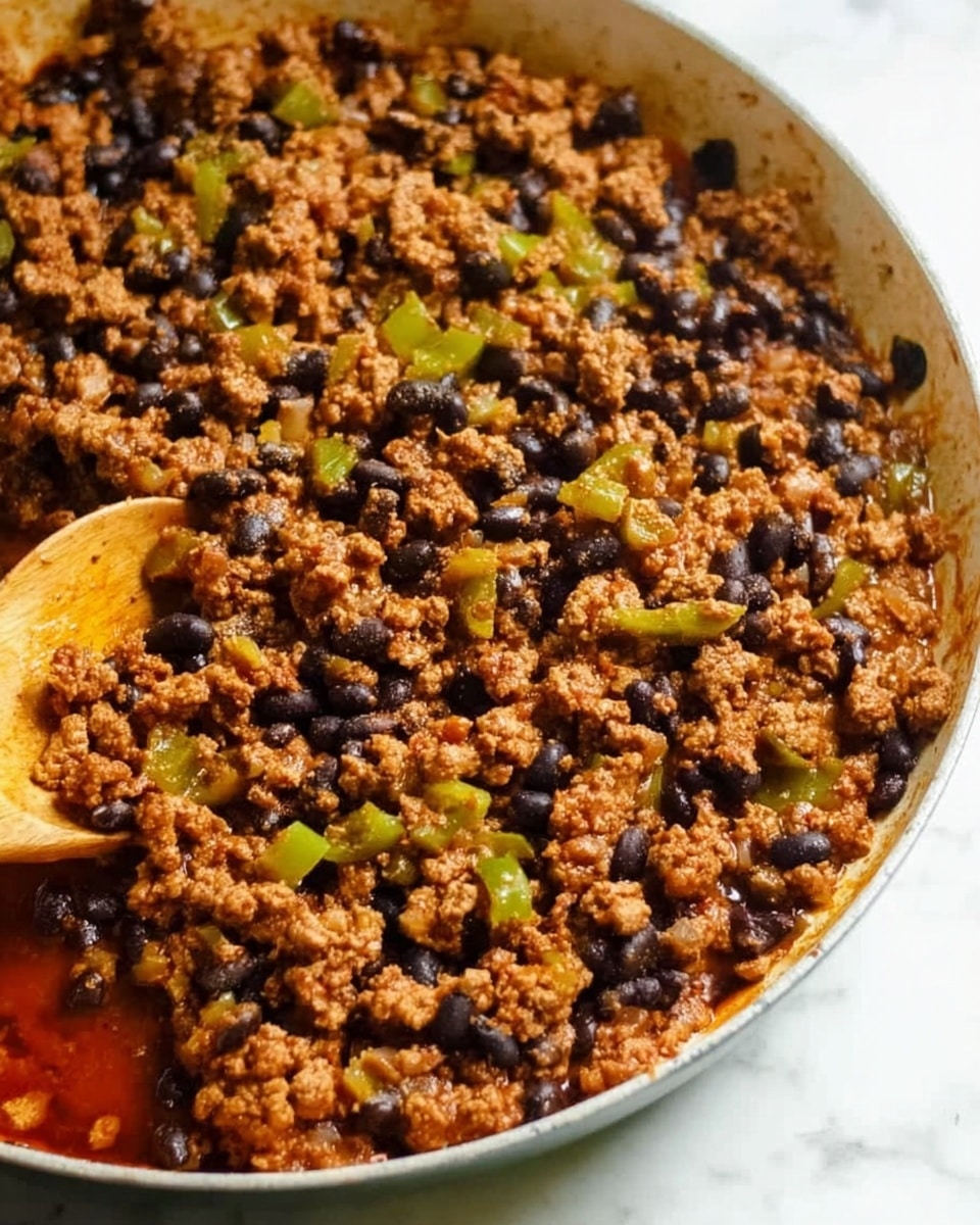 A close-up view shows a large white skillet filled with a mixture of cooked ground meat and black beans. The mixture is rich brown with small pieces of light green bell pepper and finely chopped onions scattered throughout. A wooden spoon rests inside the skillet on the left side, partially submerged in the mixture. The skillet is on a white marbled surface, and the food looks juicy and well-seasoned with visible oils and juices pooling slightly at the edges. The scene is well-lit, highlighting the texture and colors of the meal. photo taken with an iphone --ar 4:5 --v 7