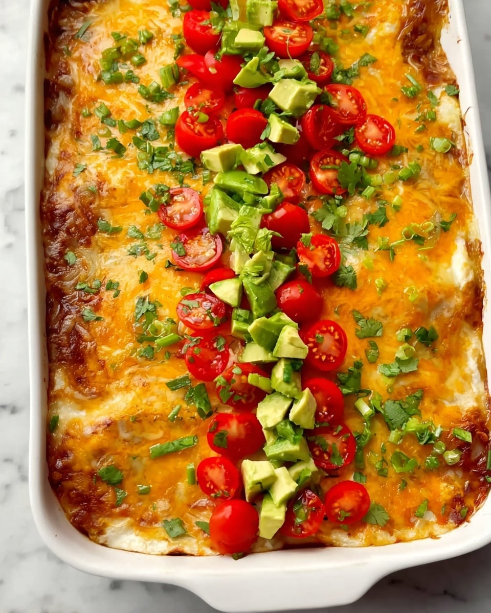 The image shows a white rectangular dish filled with a baked layer covered in melted golden cheese that looks soft and slightly browned in some areas. On top of this cheesy layer, there is a colorful strip of fresh toppings placed down the middle, including bright red halved cherry tomatoes, chunky light green avocado pieces, and finely chopped green herbs and peppers scattered evenly. The dish is placed on a white marbled surface, giving a clean and bright background. photo taken with an iphone --ar 4:5 --v 7