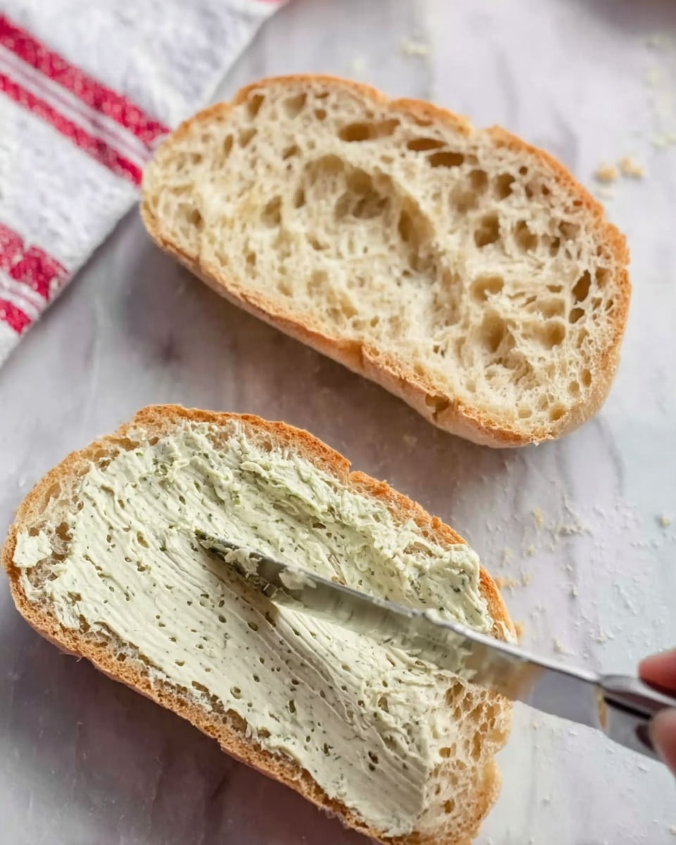 A close-up view of an open sandwich roll lying on a white marbled surface. The sandwich roll is split into two halves, both showing a soft and airy inside texture with many holes. On the lower half, a creamy spread with a pale green color and a slightly rough texture is being spread by a metal knife held by a woman's hand. The upper half lies above, empty, showing the soft inner texture. In the background, a white cloth with red stripes is slightly out of focus. Photo taken with an iphone --ar 4:5 --v 7