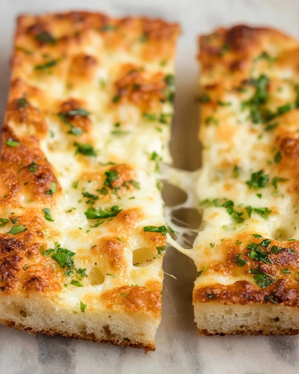 Two rectangular slices of golden-brown focaccia bread are shown close up on a white marbled surface. Each slice has a crispy, bubbly crust with light brown spots and scattered holes typical of focaccia. The top layer is covered with melted cheese that has browned slightly and is stretchy between the two slices. Fresh green herbs, like parsley, are sprinkled evenly on top of the cheese, adding a bright contrast to the warm golden and cream colors. The bread looks thick and airy with a soft inside and crunchy edges. Photo taken with an iphone --ar 4:5 --v 7