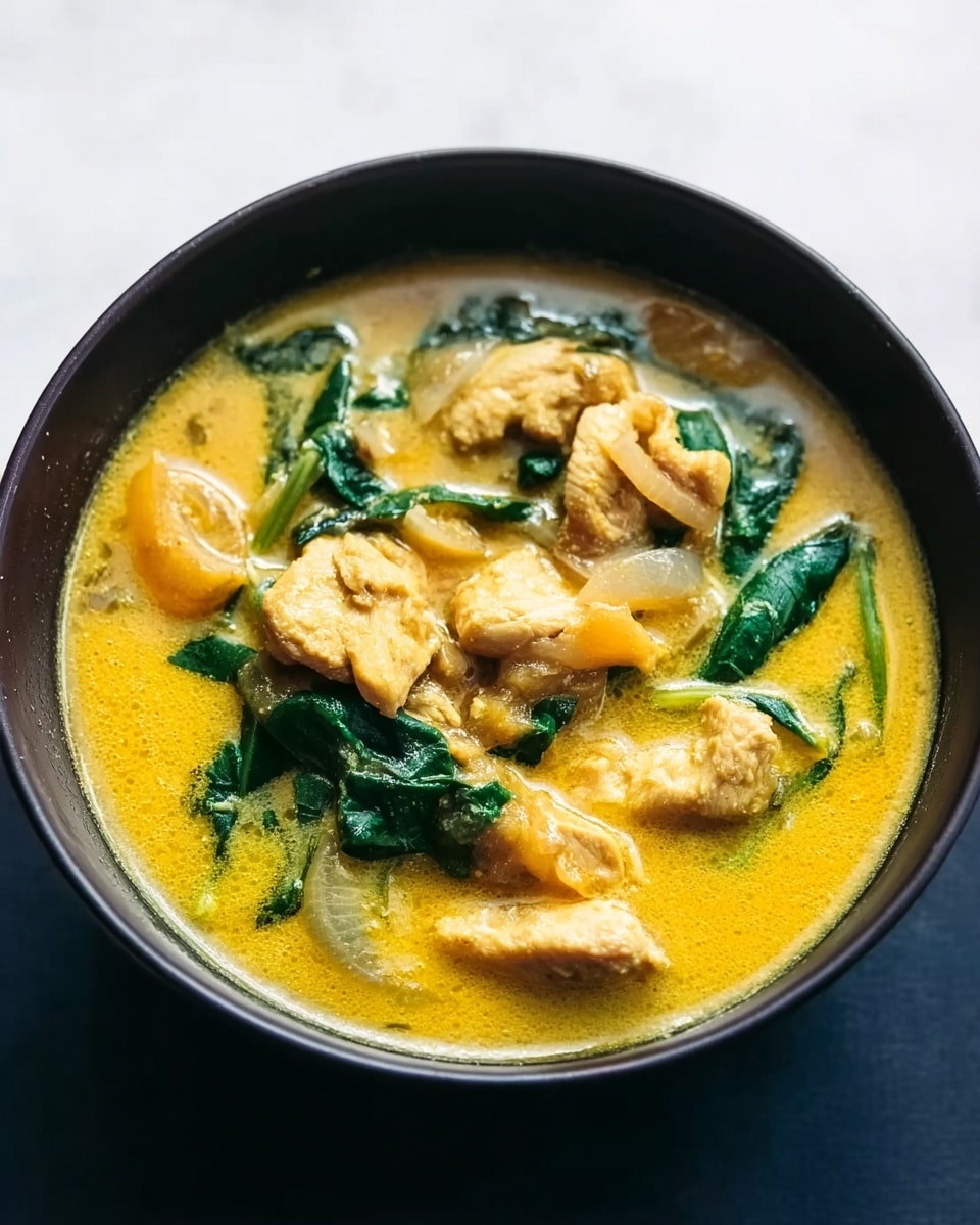 The image shows a black bowl filled with a yellow curry soup that has a slightly thick texture. Inside the curry, there are pieces of light tan chicken and green spinach leaves scattered throughout. There are also pale onion slices mixed in, adding more layers to the dish. The bowl sits on a white marbled surface, creating a clean and simple background. The colors in the curry are warm and inviting, with the green spinach adding contrast to the yellow broth and the light chicken. photo taken with an iphone --ar 4:5 --v 7