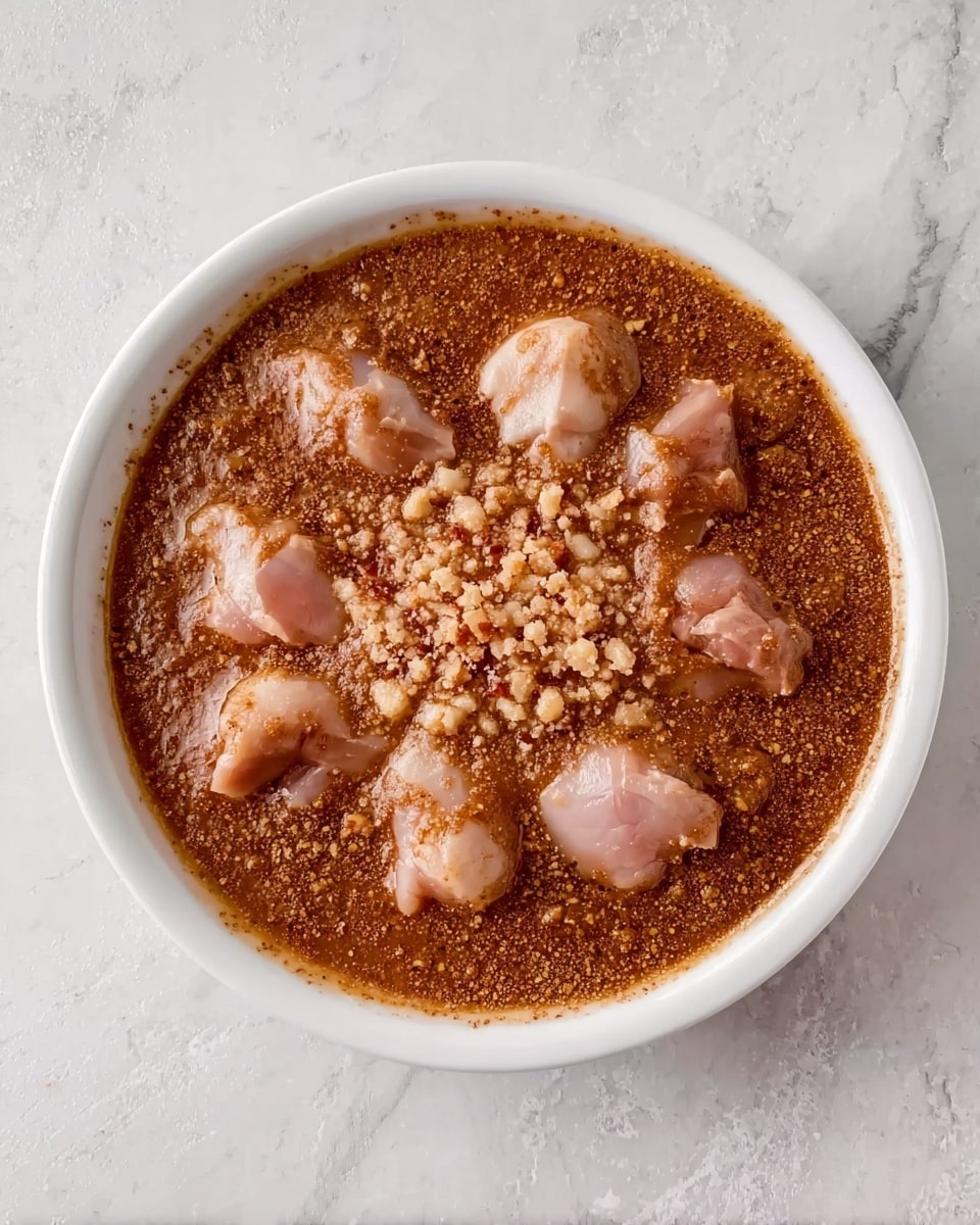 A white round dish filled with a brown thick sauce covering small pieces of raw pale pink meat arranged in a circle. The sauce has a slightly grainy texture with some crumbly bits scattered on top and around the meat pieces. The dish sits on a white marbled surface. photo taken with an iphone --ar 4:5 --v 7