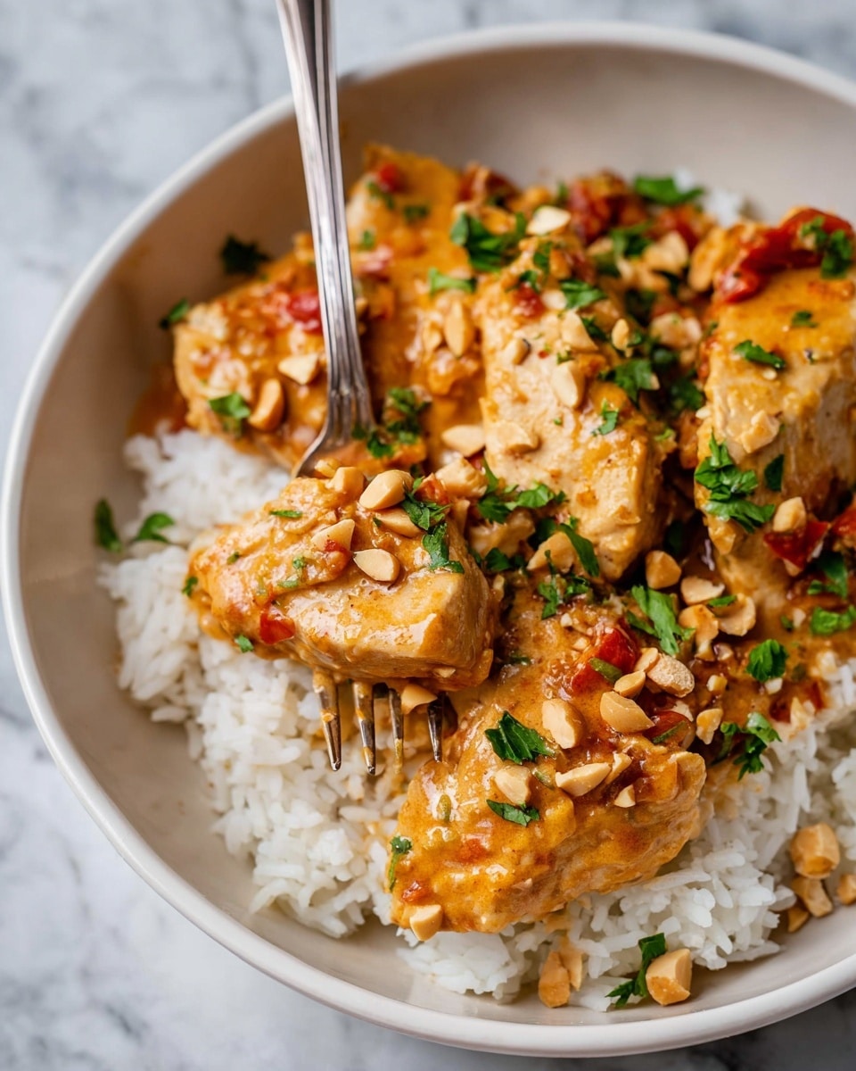 A white round bowl filled with a base layer of fluffy white rice, topped with several thick pieces of light brown cooked chicken covered in a creamy orange sauce with visible chunks of red tomatoes and green herbs scattered on top. The sauce looks smooth and rich, coating the chicken evenly and sprinkled with small chopped peanuts. A silver fork is lifting one piece of chicken, showing its moist texture, all set on a white marbled surface. Photo taken with an iphone --ar 4:5 --v 7