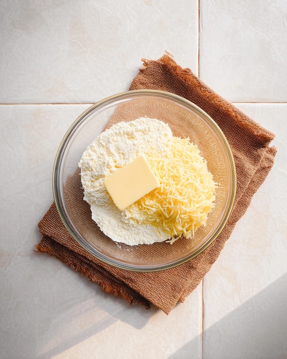 A clear glass bowl sits on a folded brown textured cloth over a white marbled tiled surface. Inside the bowl, there is a pile of white flour forming the base layer on the bottom left side. Next to the flour, on the right side, there is a mound of pale yellow grated cheese with thin, soft strands. On top of the flour and slightly overlapping on the grated cheese, there is a square piece of light yellow butter. The bowl and ingredients are shown from above with natural lighting. Photo taken with an iphone --ar 4:5 --v 7
