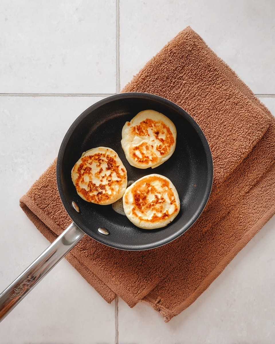 A black frying pan with a silver handle holds three small round cakes inside. Each cake is light golden on the top with darker brown spots showing cooked areas, while the sides are pale and soft-looking. The pan sits on a folded brown textured kitchen towel, both placed on a white marbled surface with large square tiles. photo taken with an iphone --ar 4:5 --v 7