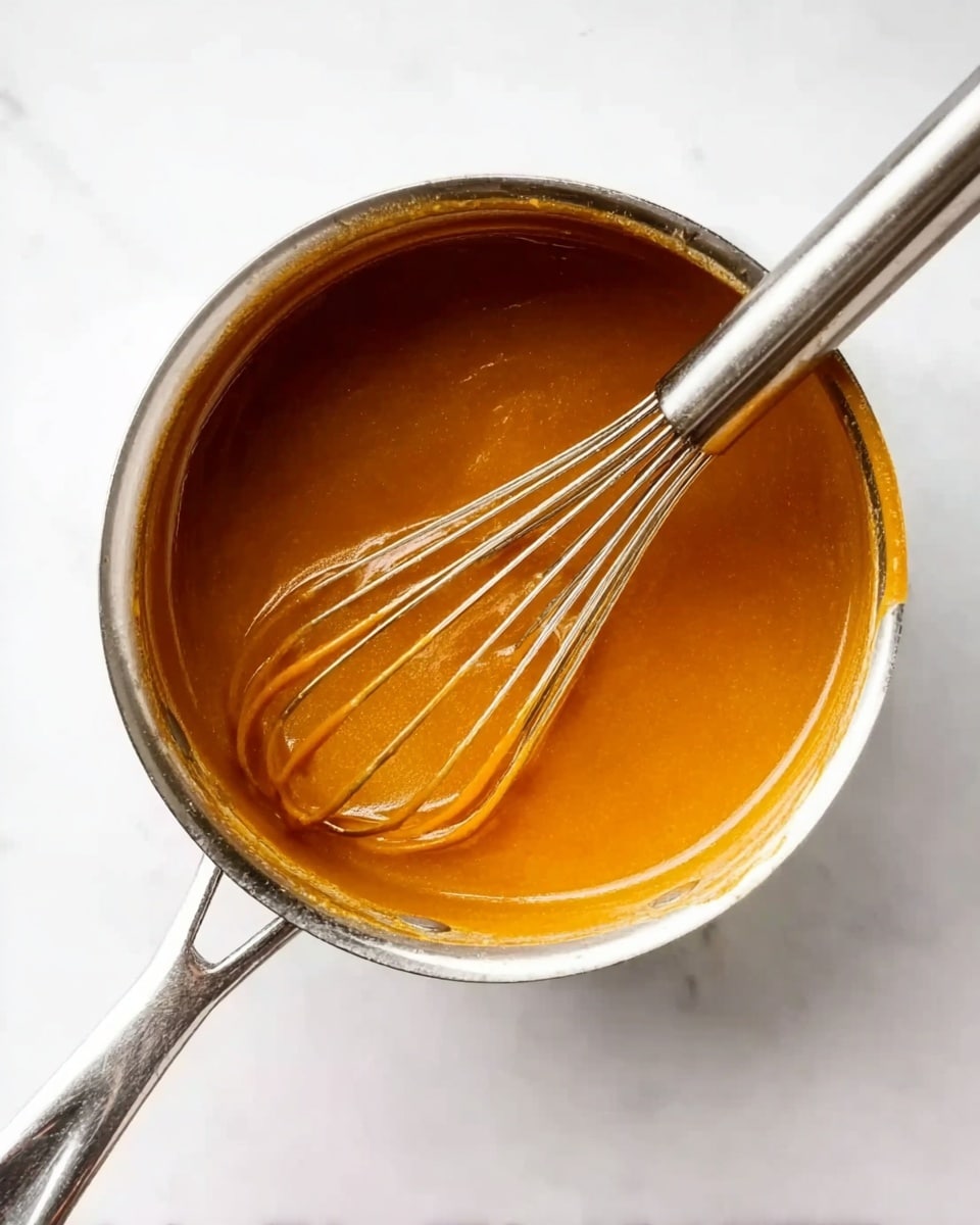 The image shows a small silver saucepan filled with smooth, thick, golden caramel sauce. A metal whisk with a long handle rests inside the saucepan, its wires partly dipped into the sauce, creating a shiny texture on the surface. The saucepan is placed on a white marbled surface, and the lighting highlights the rich orange-brown color of the sauce and the reflective shine of the metal whisk. Photo taken with an iphone --ar 4:5 --v 7