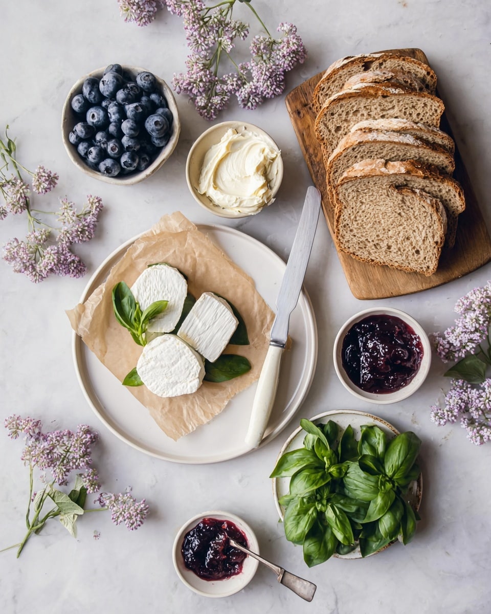 The image shows a white plate with a piece of brown paper on it, holding several layers of soft white cheese in different shapes—a round chunk on the left and thin slices on the right. To the right of the plate, there is a wooden board with five slices of brown bread stacked slightly on top of each other, next to a knife with a light handle. Above the bread is a small white bowl filled with creamy white spread and a white-handled knife resting on it. Above the cheese plate, there is a small round bowl filled with fresh blueberries. Below the cheese plate, a small white bowl holds dark red jam with a spoon sticking out. At the bottom center, a white plate holds fresh green basil leaves. The entire setting is on a white marbled surface, decorated with light purple flowers around. photo taken with an iphone --ar 4:5 --v 7