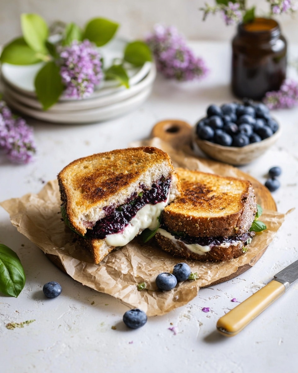A grilled sandwich cut into two halves is placed on a piece of brown parchment paper on a wooden board. The sandwich has two toasted golden-brown slices of bread with visible texture, with a creamy white melted filling and a layer of dark purple jam-like spread in the middle. Around the sandwich, there are a few fresh blueberries and green basil leaves on the white marbled surface. To the right side, a small bowl filled with fresh blueberries sits, along with a knife with a light wooden handle. In the background, there is a white plate with green leaves and a dark jar, and small purple flowers scattered around, adding a fresh and natural touch. Photo taken with an iphone --ar 4:5 --v 7