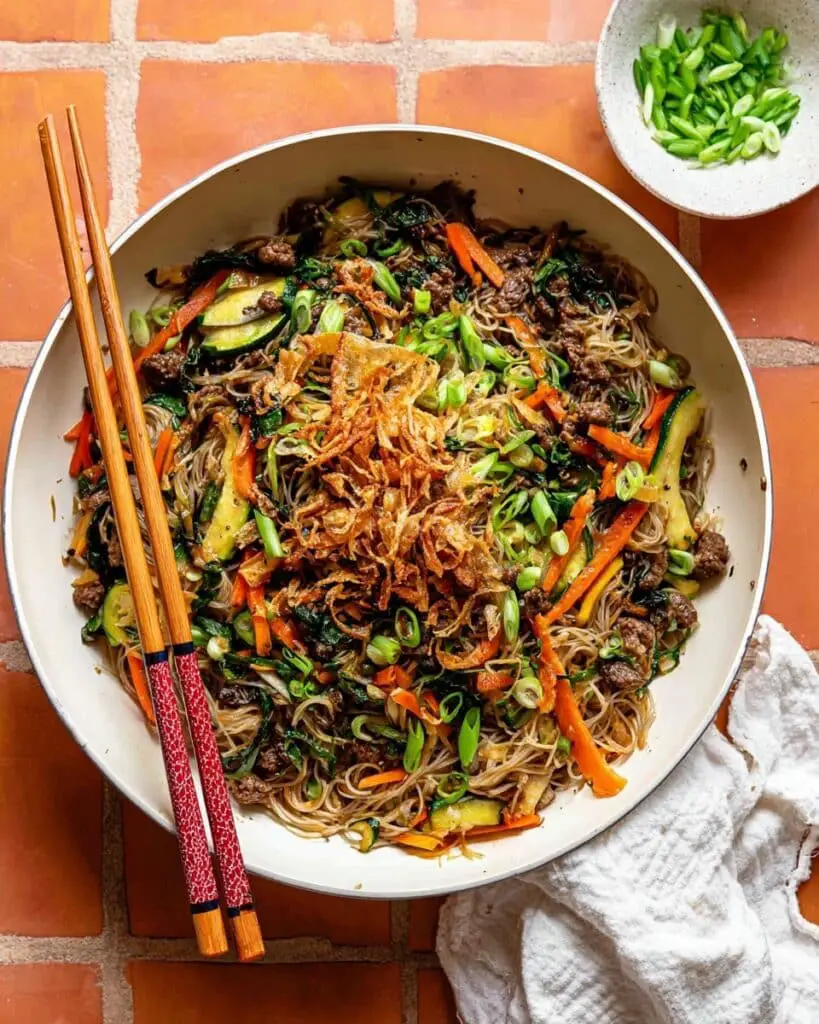 One Pan Glass Noodles with Ground Chicken and Veggies Recipe