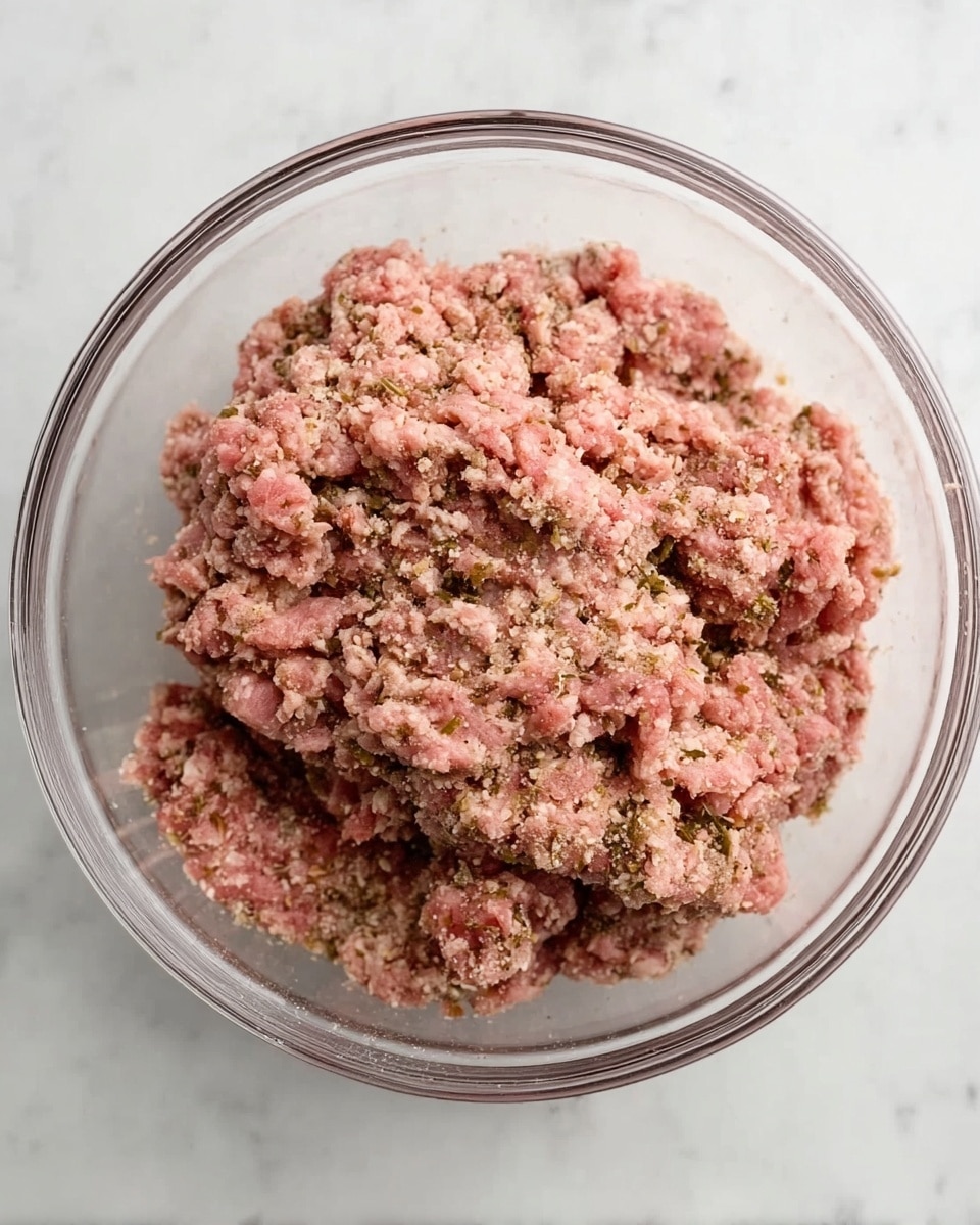 A clear glass bowl filled with a mixture of ground meat seasoned with small bits of herbs and spices, giving it a slightly rough texture with a combination of pink and light brown colors. The bowl is set on a white marbled textured surface. No other items or layers are visible in the image. Photo taken with an iphone --ar 4:5 --v 7