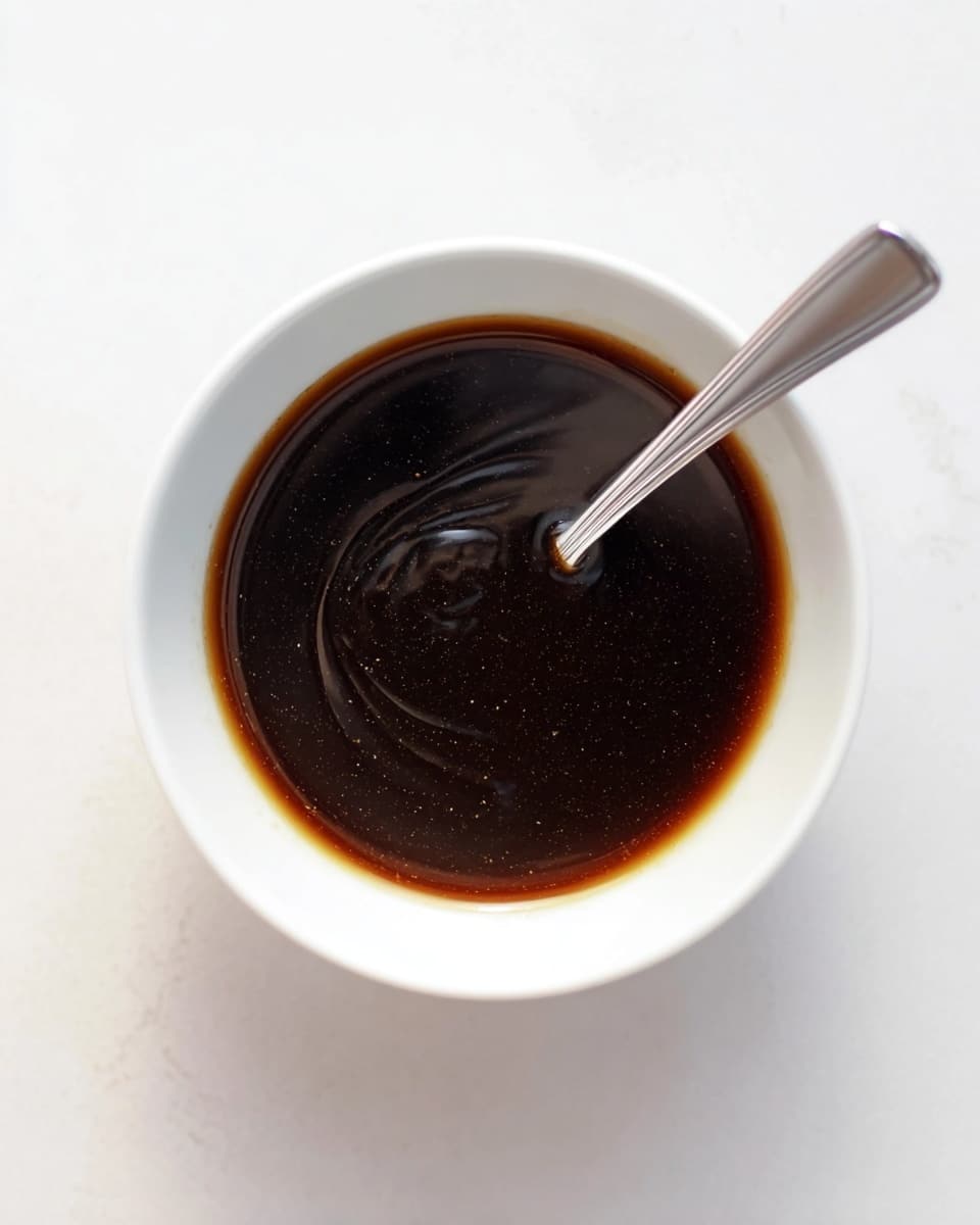 A simple white bowl filled with a dark brown sauce with a smooth, slightly shiny texture. The sauce swirls gently around a silver spoon resting inside the bowl. The bowl is placed on a white marbled surface, giving a clean and bright background to the scene. photo taken with an iphone --ar 4:5 --v 7