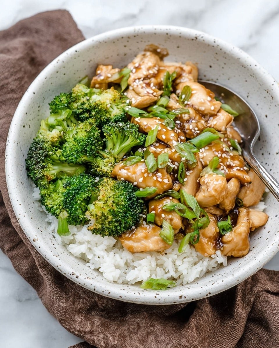 A white speckled bowl filled with three main layers is shown resting on a brown cloth over a white marbled surface. The bottom layer is white rice with a soft texture, covering the base of the bowl. On top of the rice, there are small bright green broccoli florets scattered evenly. The top layer consists of light brown cooked chicken pieces coated in a glossy sauce mixed with sliced green onions and sprinkled with small white sesame seeds. A silver spoon is placed inside the bowl on the right side, partially submerged in the dish. Photo taken with an iphone --ar 4:5 --v 7