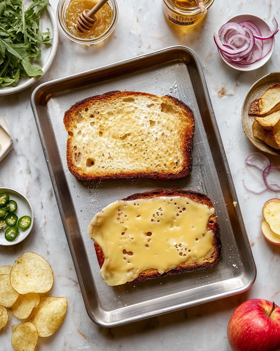 The image shows two slices of toasted bread placed on a silver baking tray set on a white marbled surface. The slice on the top is plain with a golden-brown toasted texture and small air bubbles visible. The slice on the bottom is covered with melted pale yellow cheese that spreads evenly with some small holes showing through. Around the tray, there are small bowls and items including green arugula leaves, sliced jalapeños, a jar of whole grain mustard with a spoon, a small white bowl with honey and a wooden honey dipper, thin rings of red onion, sliced pale yellow apple, several potato chips, and a red apple on the bottom right. photo taken with an iphone --ar 4:5 --v 7