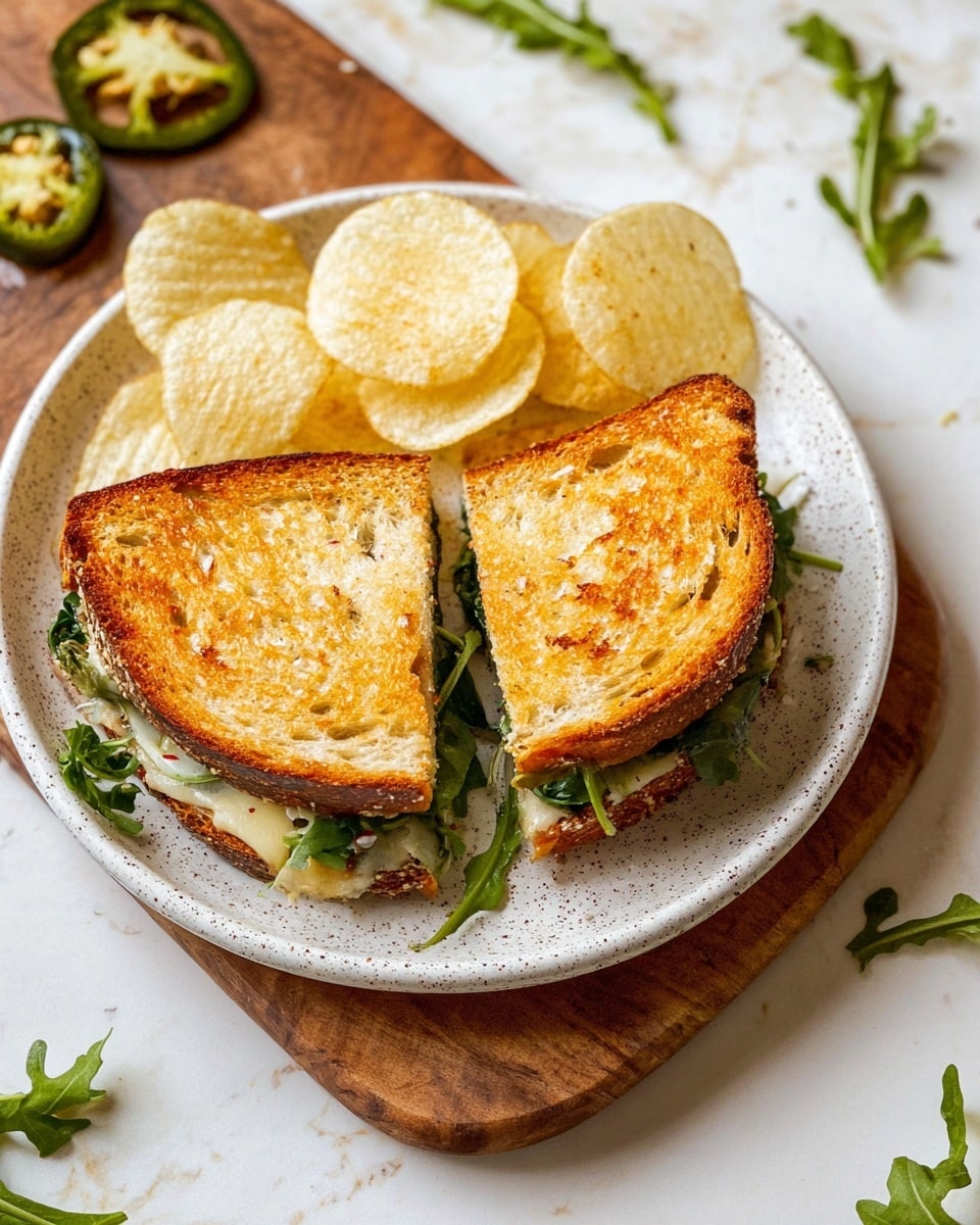 A toasted sandwich cut in half sits on a white speckled plate placed on a wooden board. The sandwich has two golden brown crispy bread slices with visible melted cheese and green leafy arugula inside. Around the sandwich, there are several thin crisp potato chips that are pale yellow with a slight shine. A few slices of dark green jalapeños are placed near the chips on the plate. Some loose arugula leaves are scattered around the plate and on the white marbled surface under the wooden board. Photo taken with an iphone --ar 4:5 --v 7