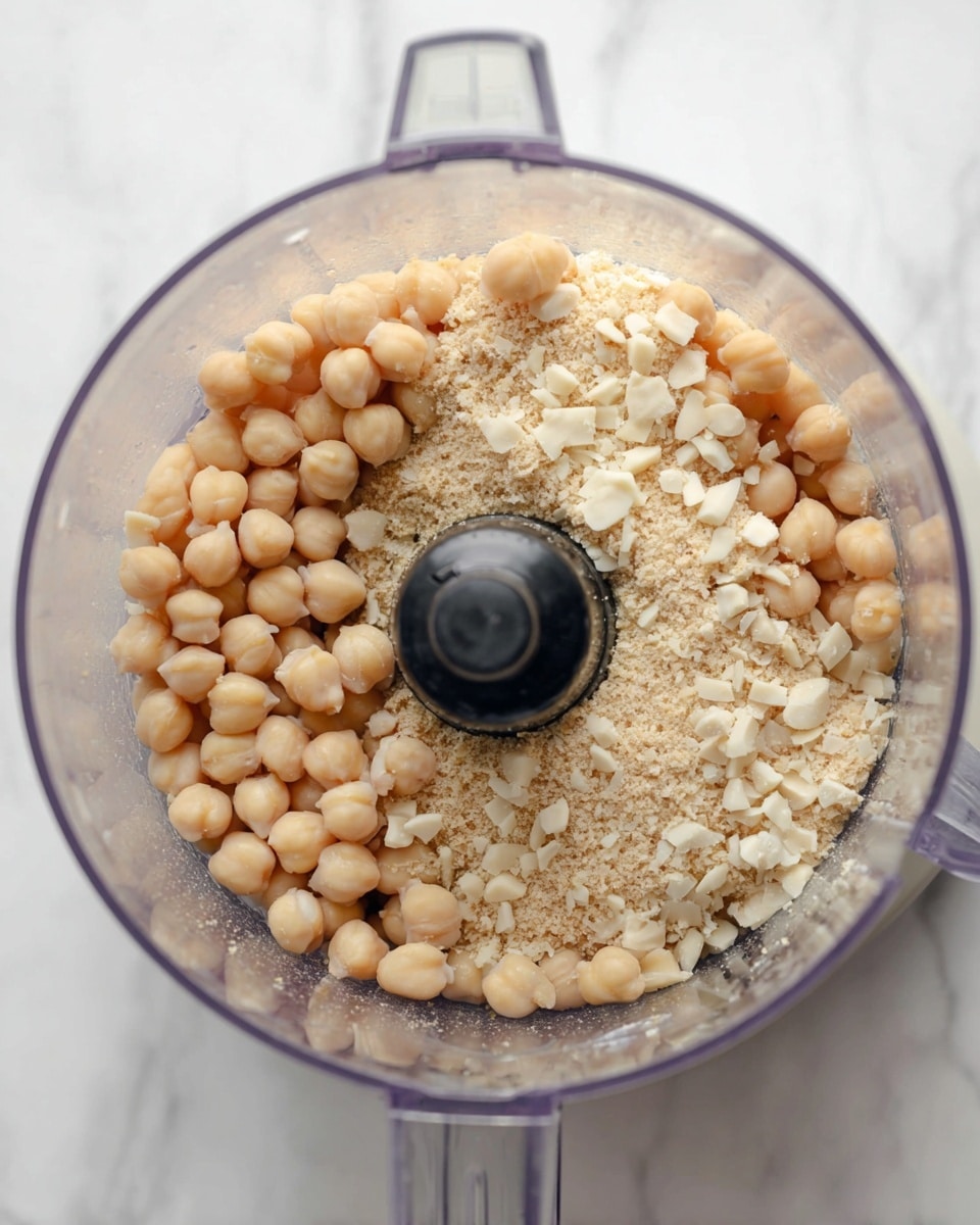 Inside a clear food processor bowl, there are two layers of ingredients. The bottom layer is made of small, light beige chickpeas that cover nearly half the space. Around the edges, the top layer shows finely chopped off-white pieces that resemble garlic or nuts. The food processor blade is centered in the bowl, black and shiny. The whole scene is set on a white marbled surface. photo taken with an iphone --ar 4:5 --v 7