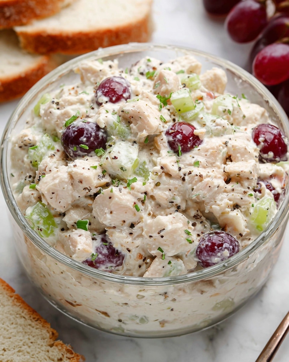 A clear glass bowl filled with a creamy mixture that has three main layers: soft diced chicken pieces in off-white color, red grape halves with a smooth texture, and small green celery bits adding crunch. The dish is coated evenly with a white sauce that looks thick and smooth. Black pepper and finely chopped green herbs are sprinkled on top. The bowl sits on a white marbled surface, with a few red grapes visible in the background on the side, and a piece of bread partially in view on the left. photo taken with an iphone --ar 4:5 --v 7