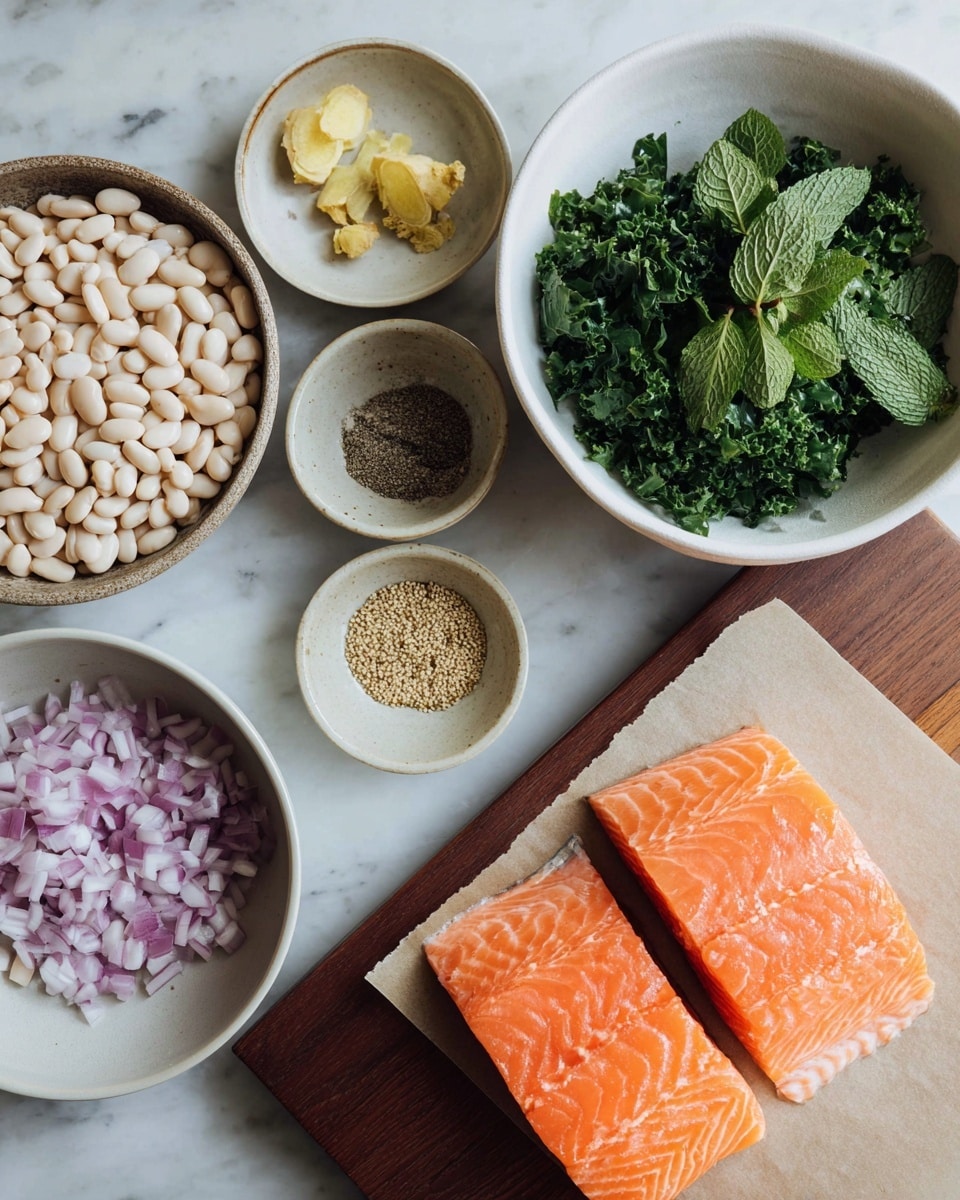 The image shows fresh ingredients arranged on a white marbled surface. There are two pieces of bright orange raw salmon on a wooden board with light brown paper under them on the right side. To the left, a white bowl contains chopped green herbs with different textures, including mint leaves and other finely chopped greens. Above the herbs, two small ceramic bowls hold light yellow ginger and a mix of three powders - salt, black pepper, and garlic powder. On the top left, a white bowl is filled with small white beans, and on the bottom right, a white bowl has chopped purple and white onions. Photo taken with an iphone --ar 4:5 --v 7