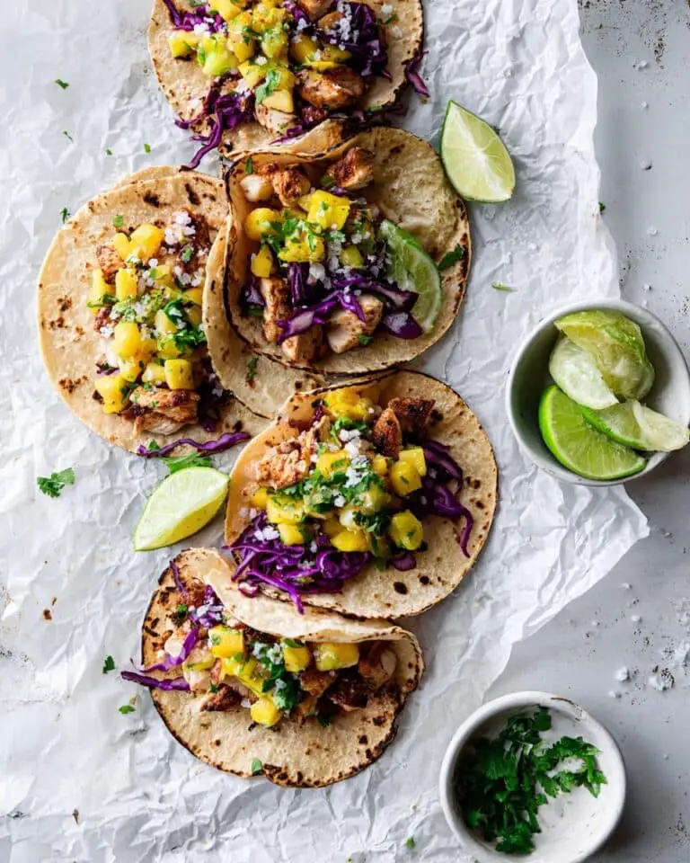 Hawaiian Huli Huli Chicken Tacos with Pineapple, Mango, and Avocado Salsa Recipe
