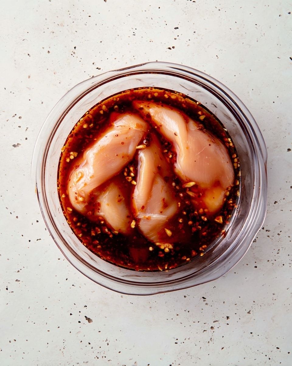 A transparent clear bowl filled with three pieces of raw chicken, soaked in a dark reddish-brown liquid marinade that has bits of garlic and spices floating in it. The three pieces of chicken are pale pink with a smooth texture and are arranged with two larger pieces on the left side and one smaller piece on the right side. The bowl is placed on a white marbled surface with small black specks. photo taken with an iphone --ar 4:5 --v 7