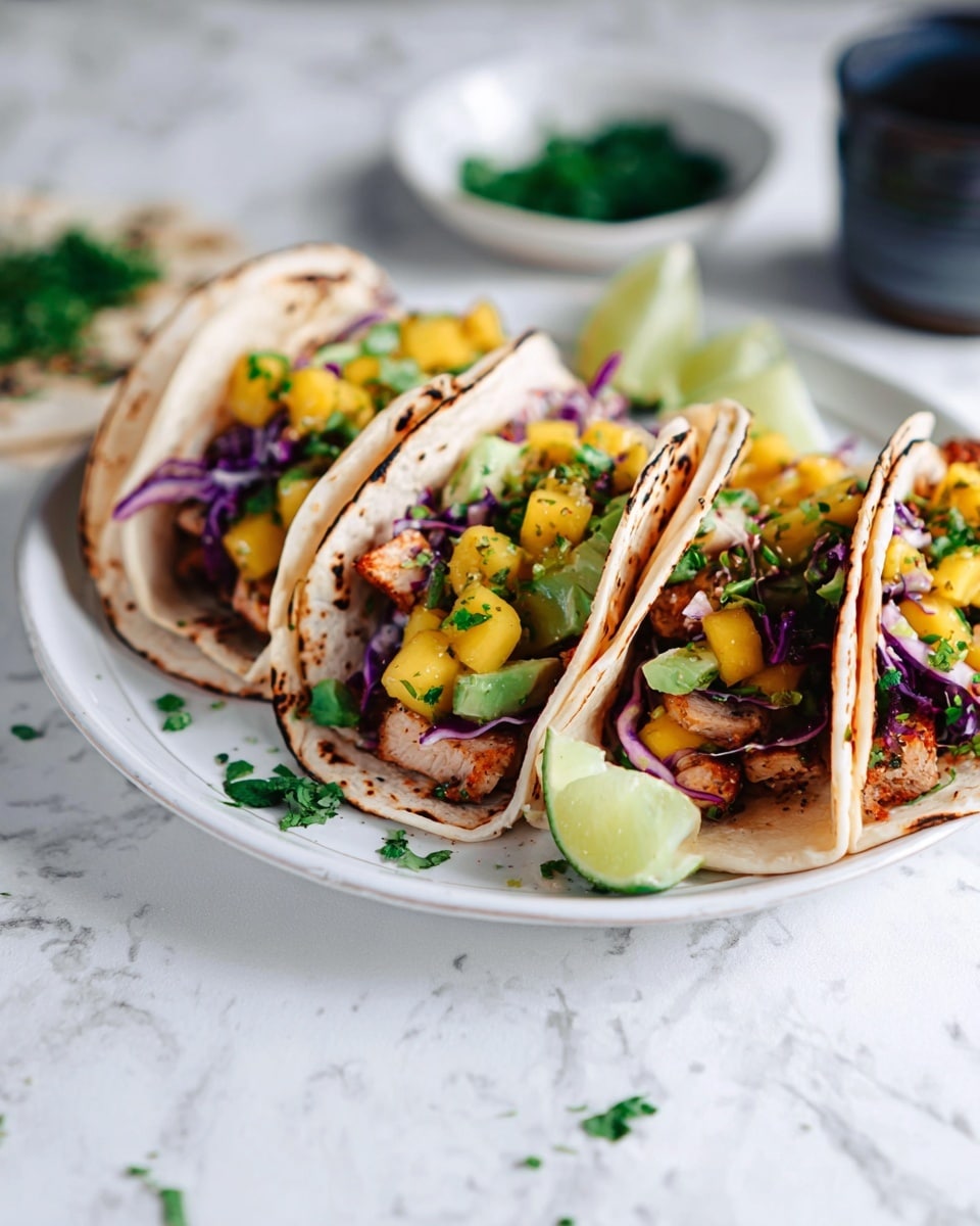 The image shows a white plate with five small soft tortillas arranged side by side. Each tortilla has three main visible layers: the bottom layer is warm, lightly charred tortilla, the middle layer is chunks of light brown grilled meat, and the top layer includes bright yellow diced mango, green diced avocado, finely chopped cilantro, and thin purple cabbage strips. A lime wedge sits near the tacos on the plate, with some scattered green cilantro leaves around. The plate is placed on a white marbled surface, with a blurred background showing a tiny white bowl of green herbs and a dark cup. Photo taken with an iphone --ar 4:5 --v 7