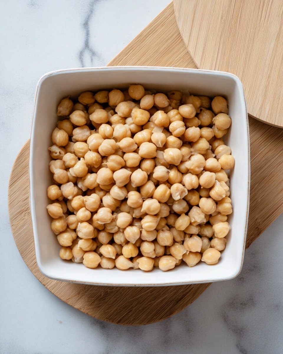 A square white bowl filled with light brown, smooth chickpeas evenly spread inside. The bowl is placed on a white marbled surface with a round wooden board partially visible in the upper right corner. The chickpeas show a soft texture with a slight shine. photo taken with an iphone --ar 4:5 --v 7