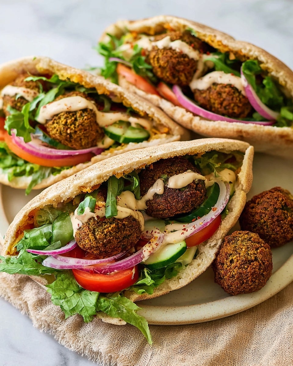 Three pita sandwiches sit on a white marbled surface, each filled with two round, brown falafel balls. Inside the pitas, there are layers of bright green lettuce, light tan creamy sauce drizzled over the falafel, thin red onion slices, pale green cucumber pieces, and thick red tomato slices at the bottom. The pitas are slightly toasted with a light beige color and soft texture. Next to the sandwiches are two more falafel balls, and the whole scene is on a round white plate with a piece of beige cloth underneath. Photo taken with an iphone --ar 4:5 --v 7
