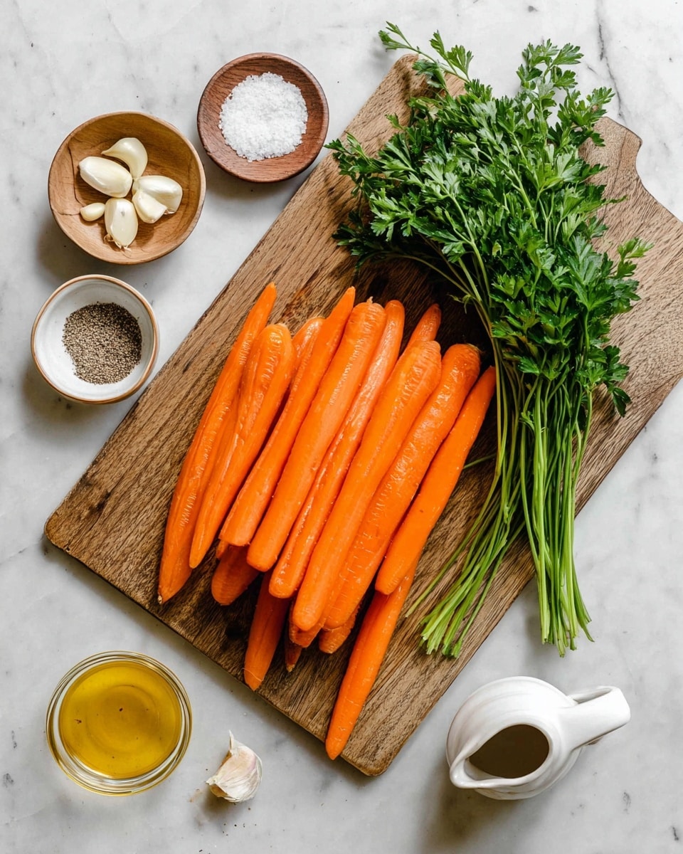 A wooden cutting board sits on a white marbled surface, holding a pile of bright orange whole carrots stacked in two uneven layers, some overlapping and pointing to the right. On top right side of the board is a bunch of fresh green parsley with long stems pointing to the right edge. Around the board, there are small white bowls: one with coarse salt, another with black pepper, a third with peeled garlic cloves, a small clear glass bowl of golden oil near the bottom left, and a white ceramic pitcher with a golden liquid near the top right. Photo taken with an iphone --ar 4:5 --v 7
