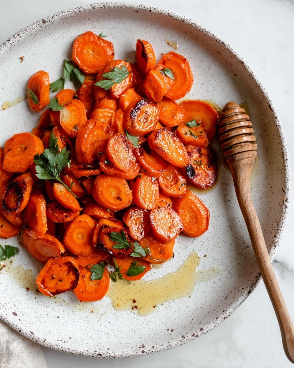 A white speckled plate holds sliced cooked carrots, some pieces have darker caramelized spots, showing a slightly crispy texture, scattered across the plate in a loose pile. The carrots are bright orange with a few small green parsley leaves on top for garnish. A light drizzle of honey is visible, with a wooden honey dipper resting on the plate’s right side, partially covered in honey. The surface beneath the plate has a white marbled texture. Photo taken with an iphone --ar 4:5 --v 7