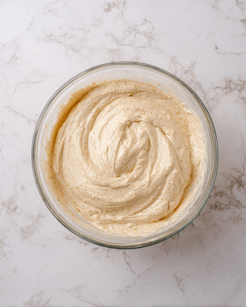 A clear glass bowl sits on a white marbled surface, filled with a thick, creamy batter colored light beige with tiny darker brown specks scattered throughout. The batter has smooth swirls and peaks made by stirring, giving it a soft and slightly textured look. The bowl is viewed from above, showing the batter spread evenly inside. photo taken with an iphone --ar 4:5 --v 7