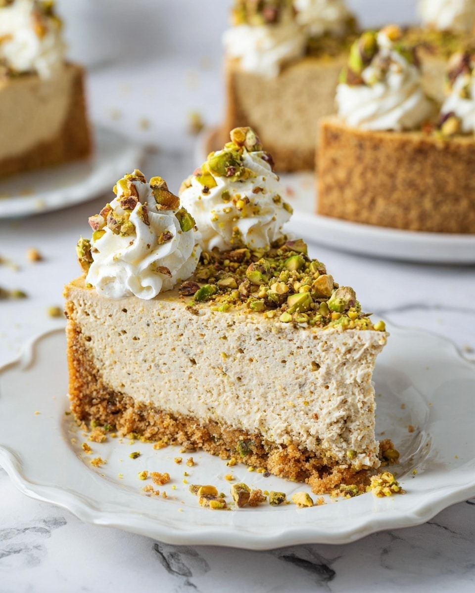 The image shows a single slice of pistachio cheesecake on a white plate with a scalloped edge, placed on a white marbled surface. The cheesecake has a thick, crumbly light brown crust at the bottom with bits of pistachio mixed in. The middle layer is dense and creamy with a light beige color, speckled with finely chopped pistachios throughout. The top layer is decorated with two dollops of white whipped cream, and there are whole and chopped green pistachios scattered on top, adding texture and color contrast. Some crumbs and pistachio pieces are scattered around the plate, adding to the natural, homemade feel. In the background, there are blurred slices of the same cheesecake, showing the crumbly texture clearly. photo taken with an iphone --ar 4:5 --v 7