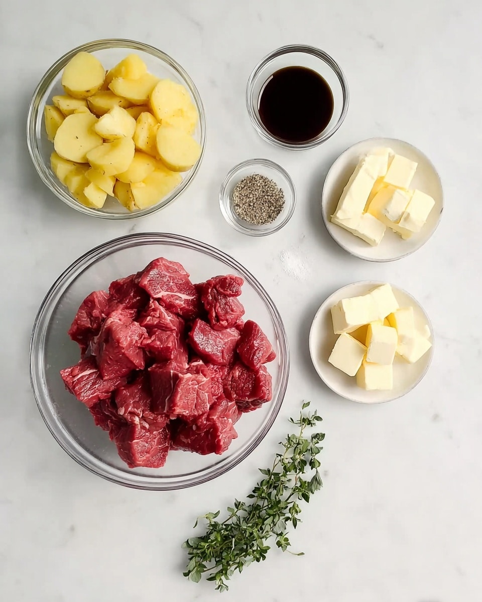 The image shows a white marbled surface with six clear bowls and small piles arranged neatly. The largest clear bowl in the center holds raw, red beef pieces with visible marbling. Below and to the left, another large clear bowl contains peeled and chopped yellow potatoes. To the right of the beef bowl, a small white bowl is filled with three pale yellow butter cubes. Above the butter, a small white plate holds mixed black and white pepper along with salt. To the left of the butter bowl, a small clear bowl has a dark liquid, likely soy sauce. Near the center bottom, two fresh sprigs of green herbs rest directly on the white marbled surface. Photo taken with an iphone --ar 4:5 --v 7