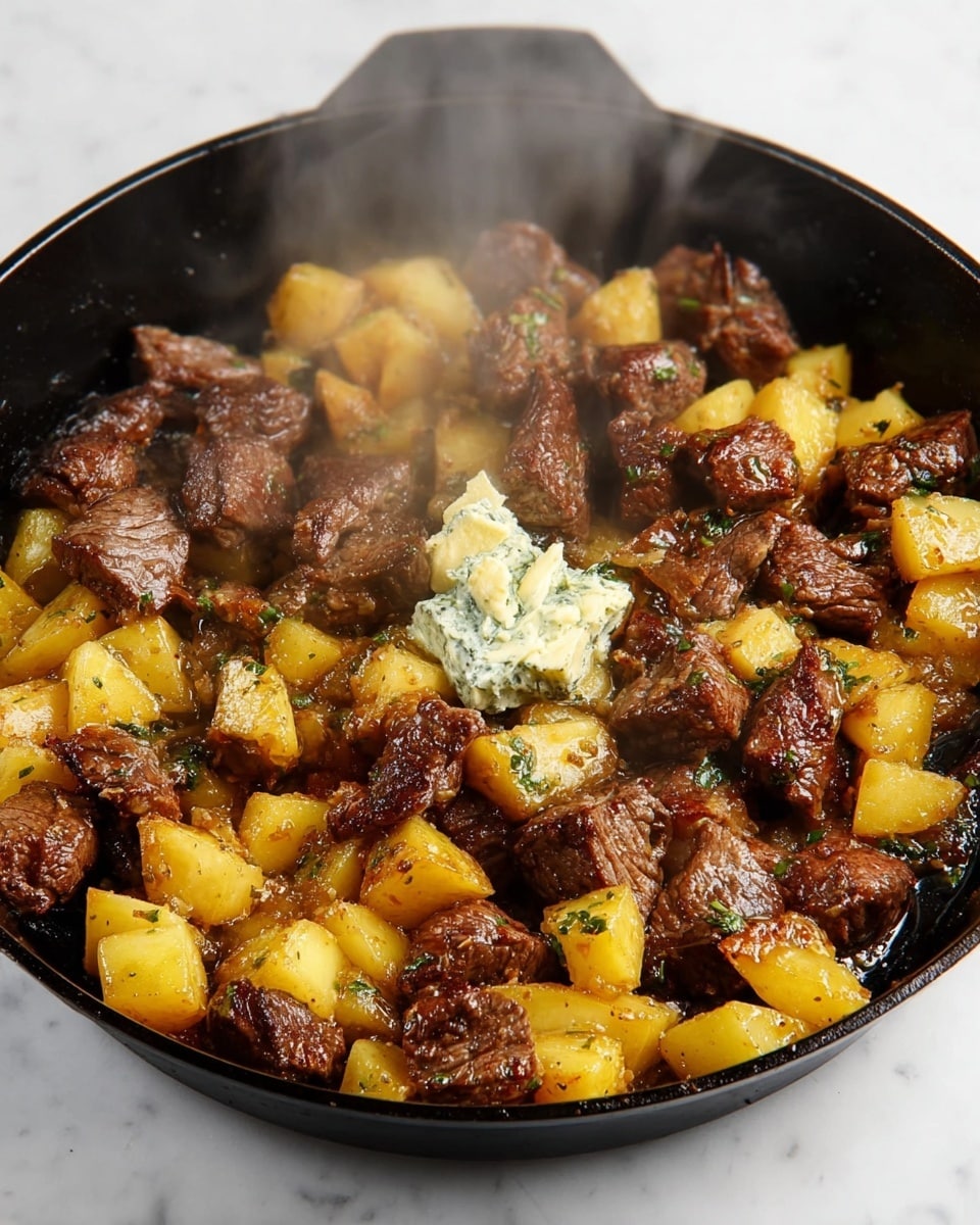 The image shows a black cast iron pan filled with browned beef chunks and golden-yellow potato pieces, both evenly scattered and mixed together. The beef pieces are dark brown with a slightly crispy texture, while the potatoes have a soft but firm look, some showing light browning on edges. A small dollop of light cream-colored herb butter melting slowly on top of the meat adds a creamy texture and a fresh green herb detail. The pan sits on a white marbled surface, with steam rising gently from the sizzling food, creating a warm, freshly cooked feeling. photo taken with an iphone --ar 4:5 --v 7