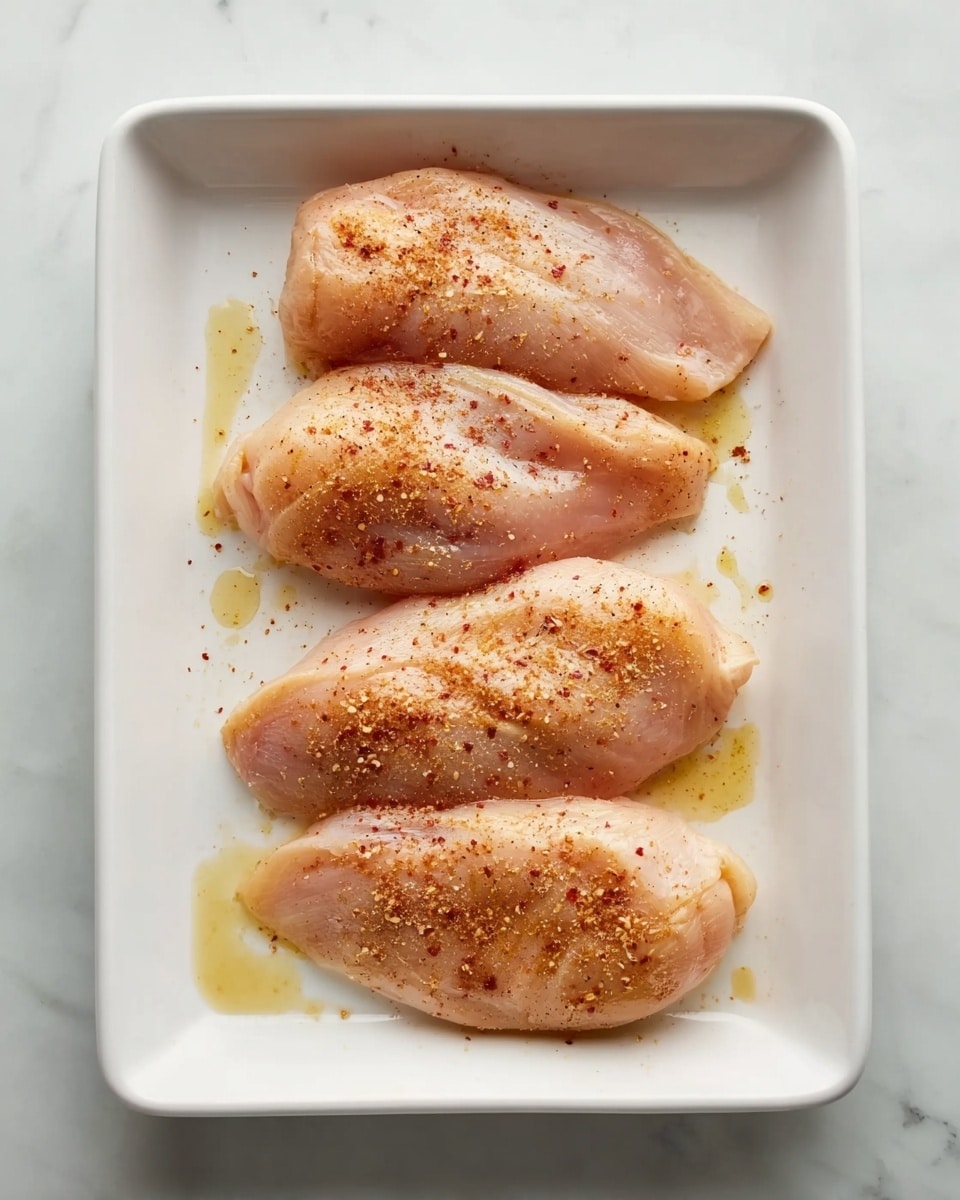 The image shows a white rectangular dish on a white marbled surface with four raw chicken pieces arranged side by side. Each chicken piece is pale pink with a slightly shiny texture from a light coating of oil. They are sprinkled evenly with salt and a reddish spice, giving a speckled effect on top. Small drops of oil and seasoning can be seen around the chicken on the dish. photo taken with an iphone --ar 4:5 --v 7