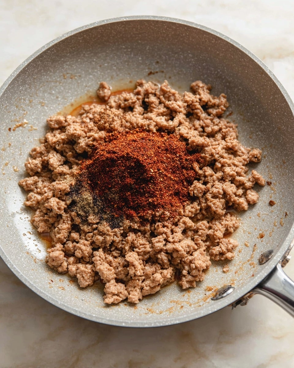 A light gray pan filled with light brown cooked ground meat forms the first layer, with a mound of dark red and brown spice mixture placed in the center on top of the meat. The pan is set on a white marbled surface, and a shiny metal handle extends out from the bottom right of the image, with no hand holding it. The textured meat looks crumbly and mixed with some sauce that pools slightly around it. Photo taken with an iphone --ar 4:5 --v 7