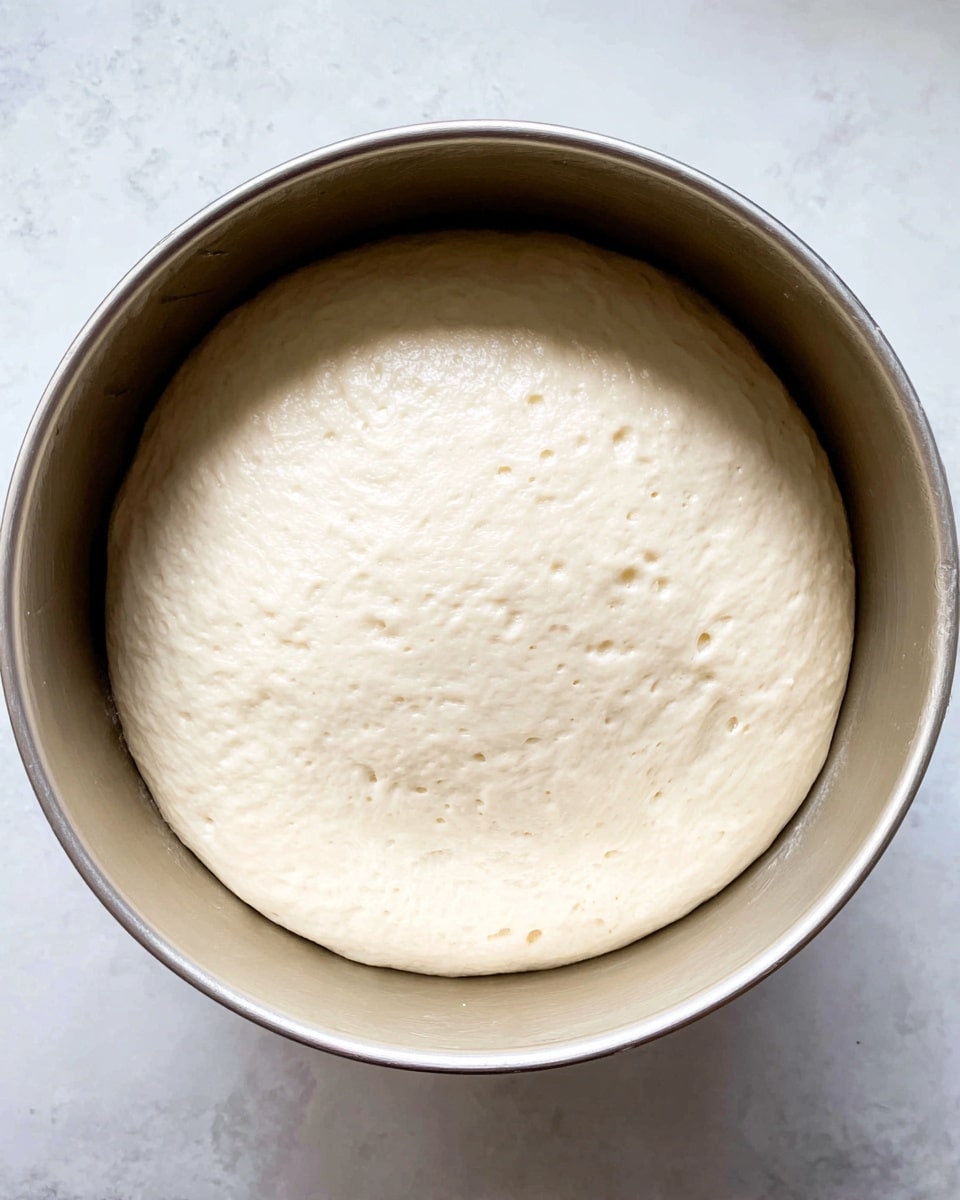A round metal bowl holds a single large ball of pale dough that has risen to fill almost the entire bowl. The dough is smooth with a few tiny bubbles on its surface, and its creamy white color contrasts with the silver bowl. The bowl sits on a white marbled surface that adds subtle texture and brightness to the background. photo taken with an iphone --ar 4:5 --v 7