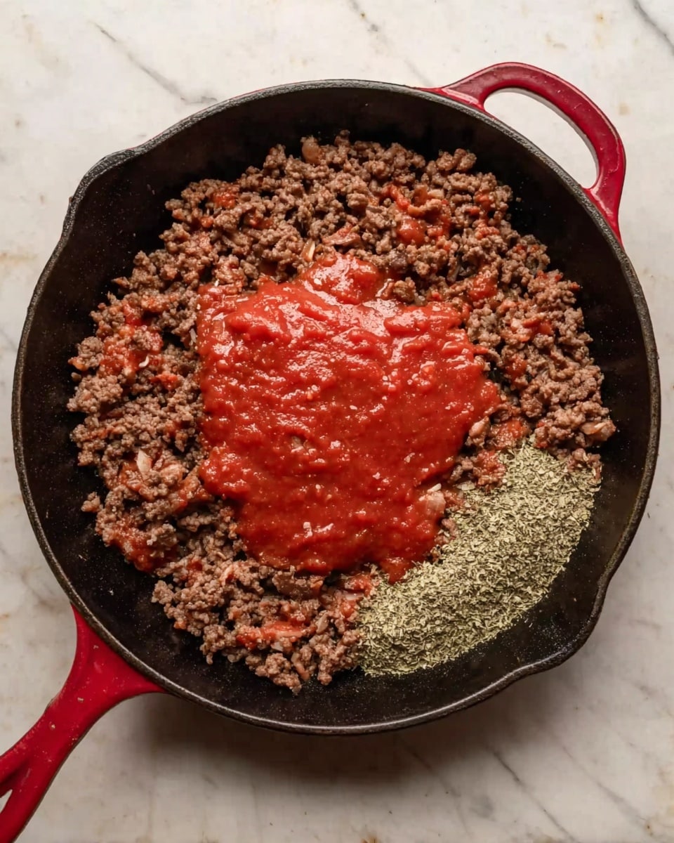 A black cast iron skillet with red handles sits on a white marbled surface, filled with cooked ground beef that is brown and crumbly, spread evenly across the pan. In the center, there is a large dollop of bright red tomato sauce sitting on top of the beef, with a small pile of dried green herbs or seasoning on the right side of the pan. The textures show the slightly oily surface of the beef mixed with the thick, slightly chunky sauce. Photo taken with an iphone --ar 4:5 --v 7