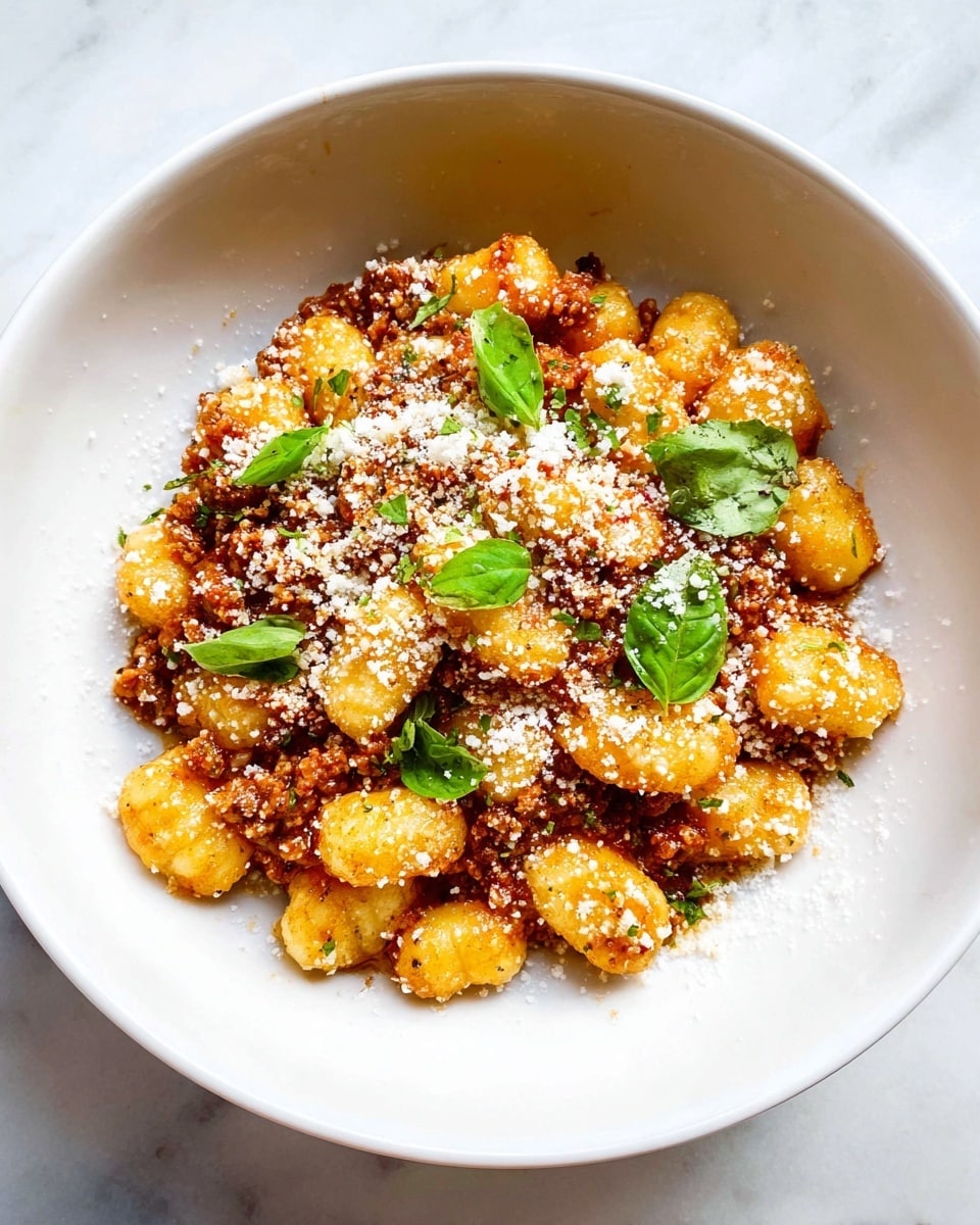 The dish is a white bowl filled with about three layers of soft yellow gnocchi pieces, each one dimpled and slightly browned, mixed with rich red-brown meat sauce that has a thick texture. Lightly sprinkled white cheese powder covers the gnocchi and sauce evenly, and small bright green basil leaves are placed on top of the dish adding a fresh color contrast. The bowl sits on a white marbled surface enhancing its clean and bright look. Photo taken with an iphone --ar 4:5 --v 7